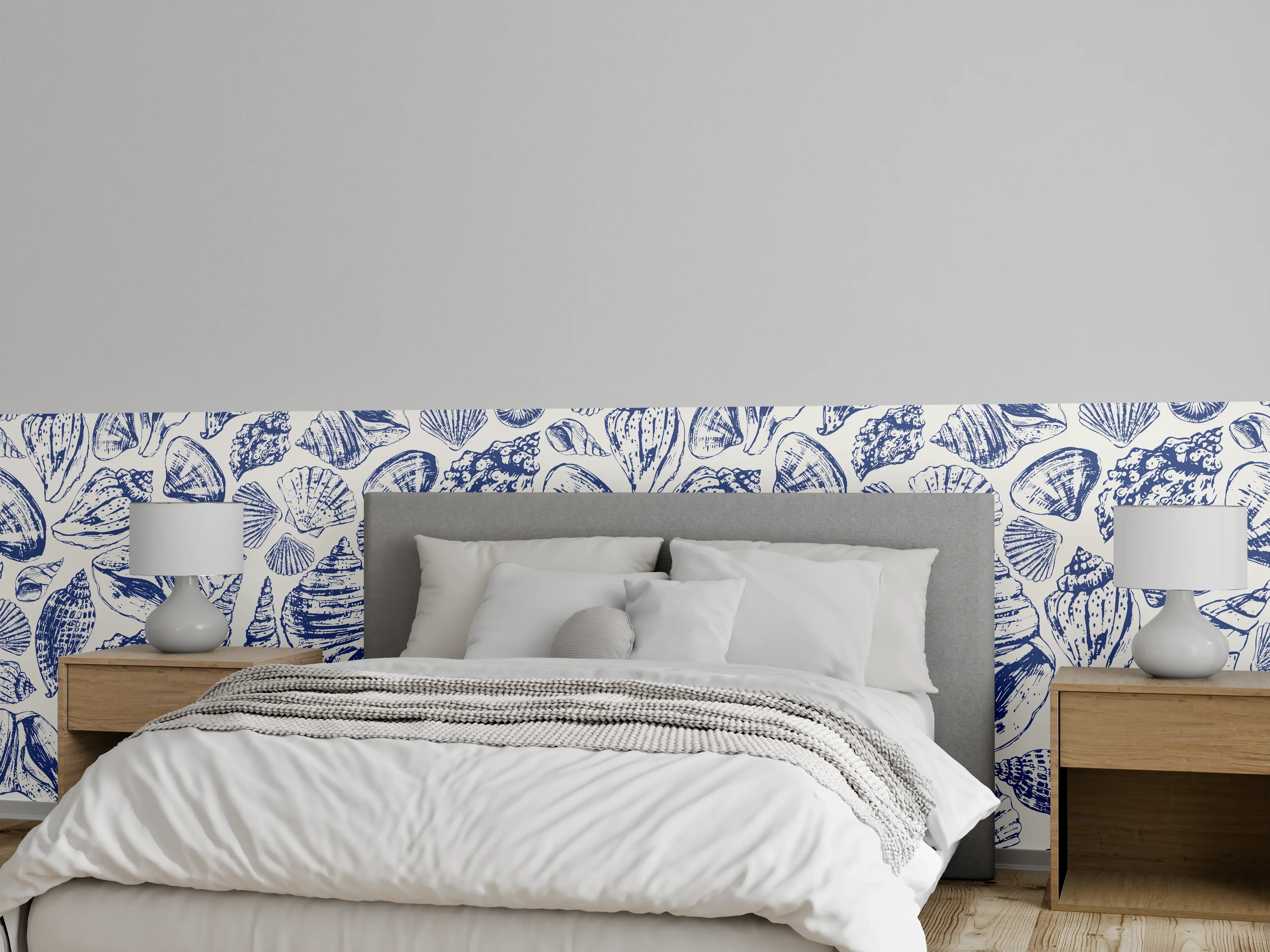 Wandverkleidung Schlafzimmer - Maritimes Muschelmuster Blau-Weiß