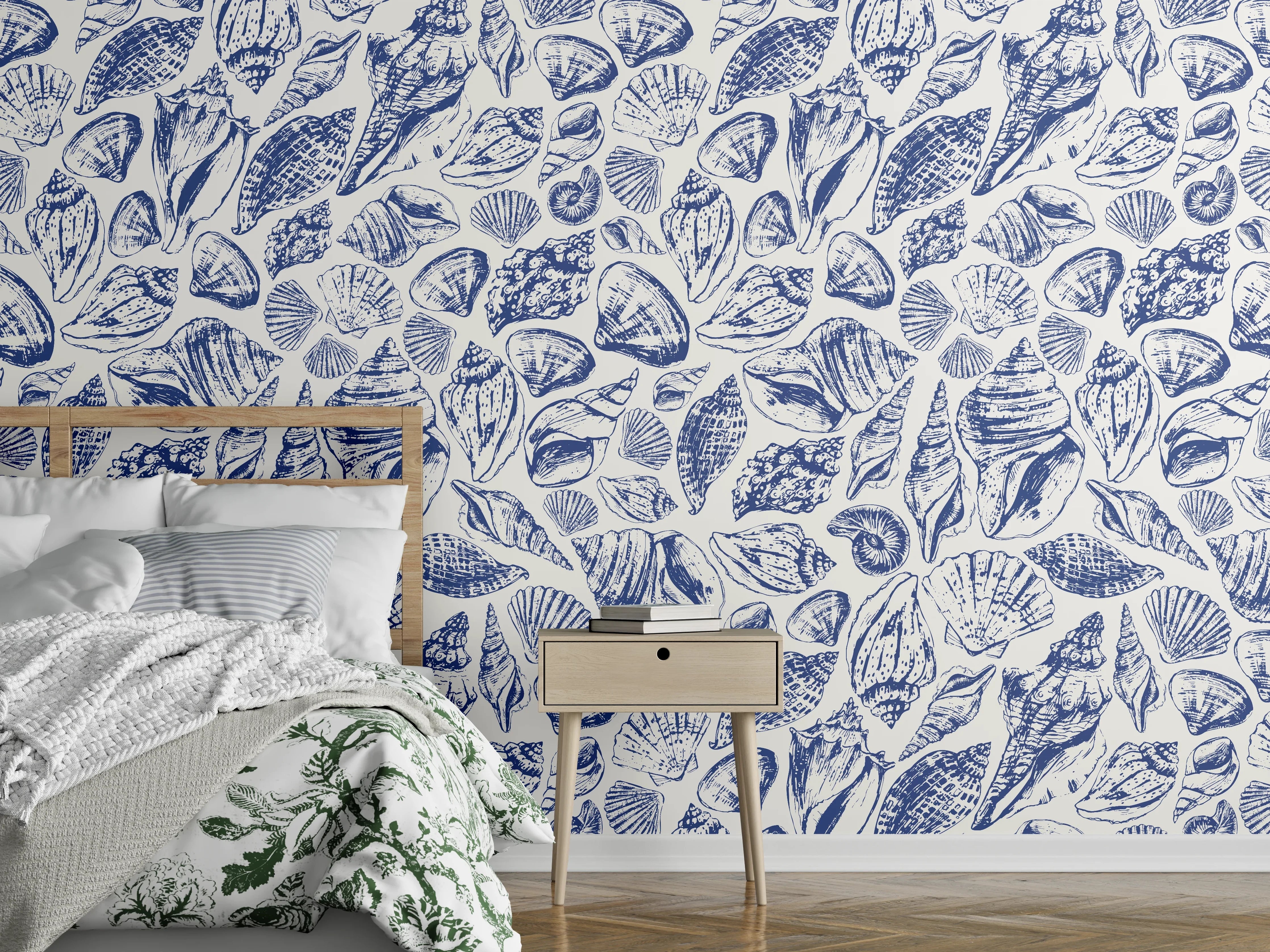 Wandverkleidung Schlafzimmer - Maritimes Muschelmuster Blau-Weiß