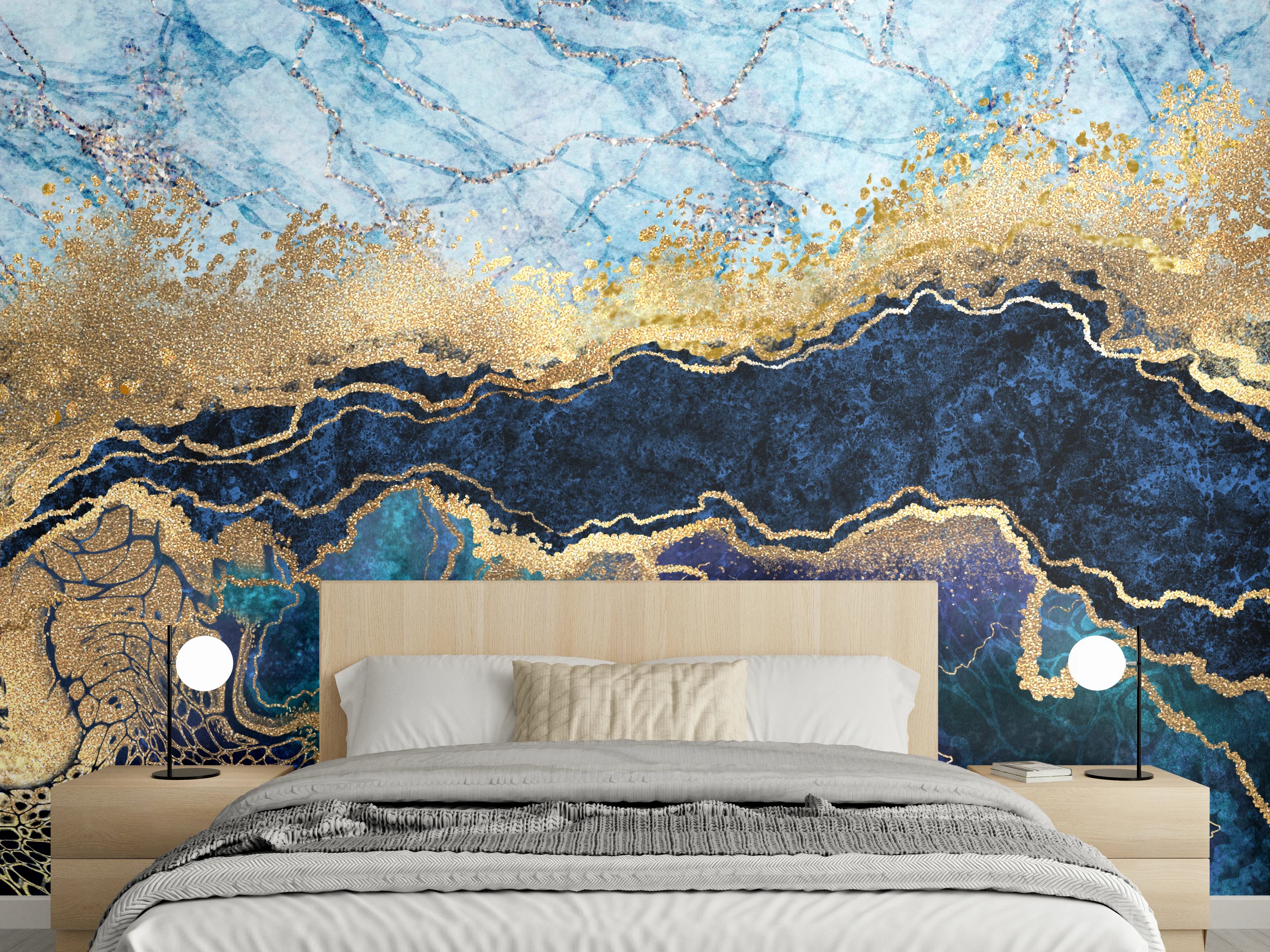 Wandverkleidung Schlafzimmer - Marmor-Optik: Blaue Gold-Akzente modern