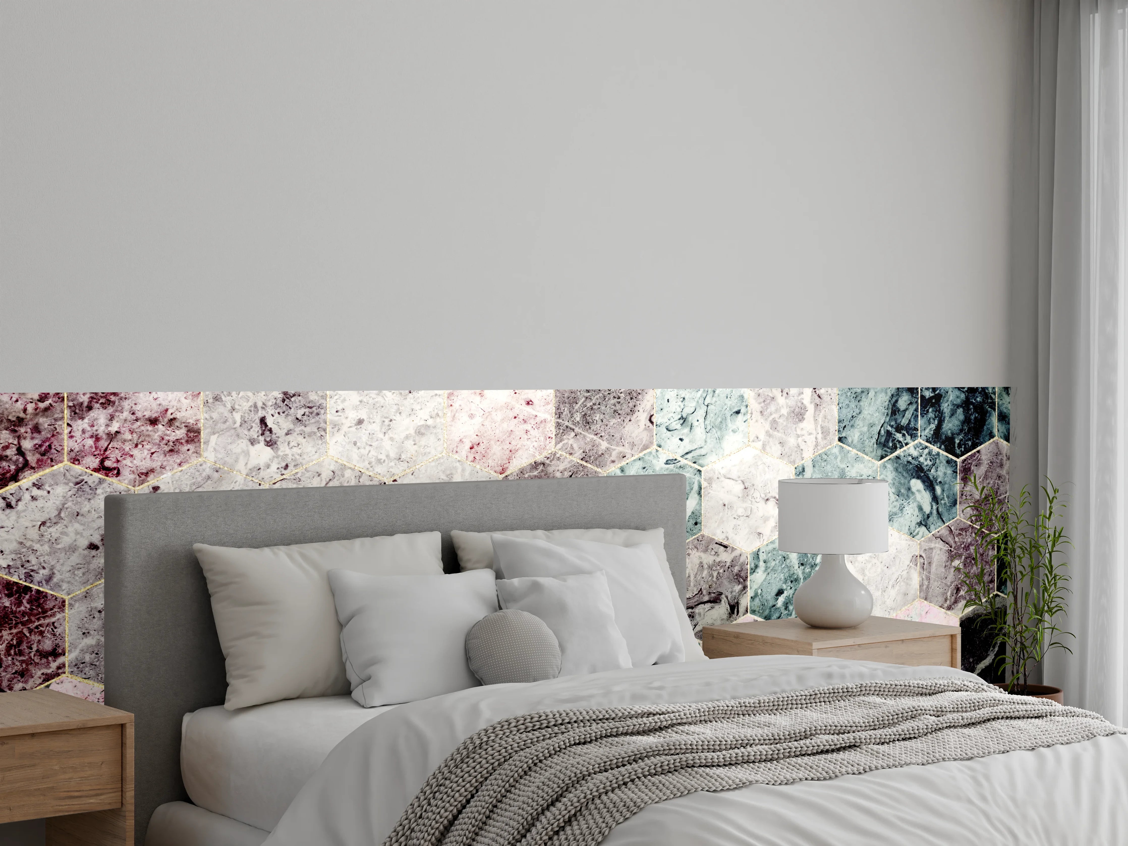 Wandverkleidung Schlafzimmer - Marmor Sechseck Muster Wandgestaltung