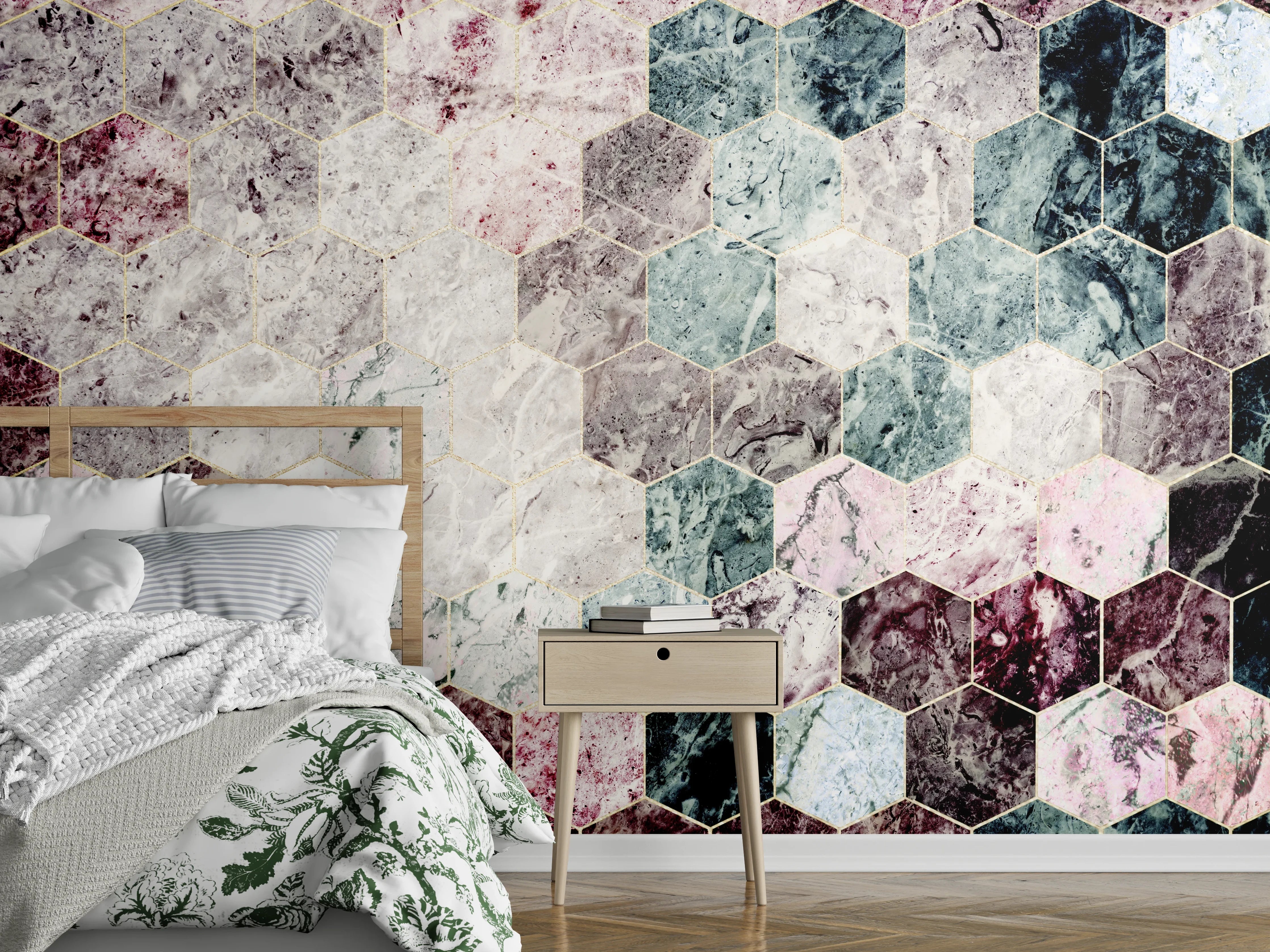 Wandverkleidung Schlafzimmer - Marmor Sechseck Muster Wandgestaltung