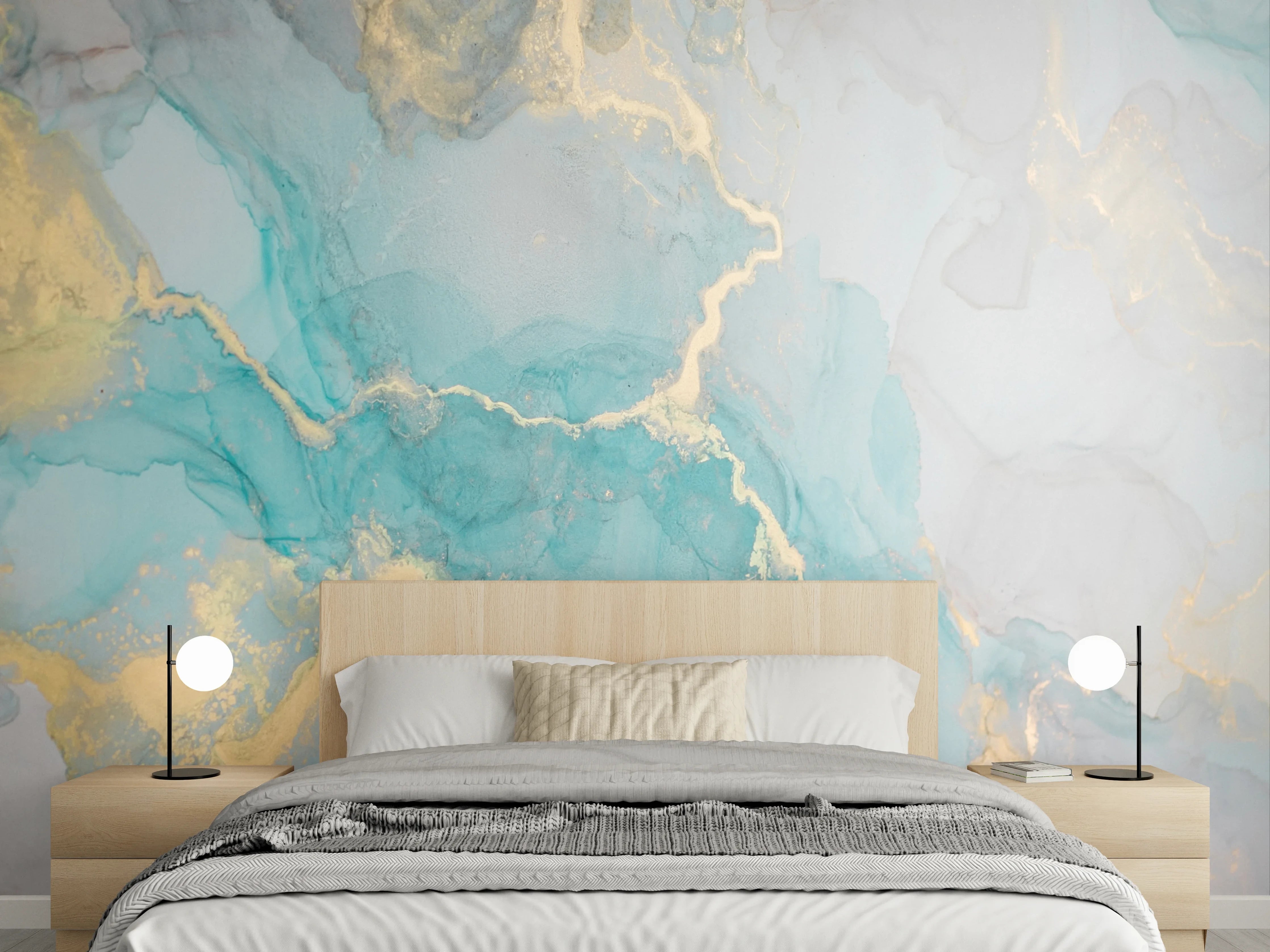 Wandverkleidung Schlafzimmer - Marmoroptik Türkis Gold Wanddeko