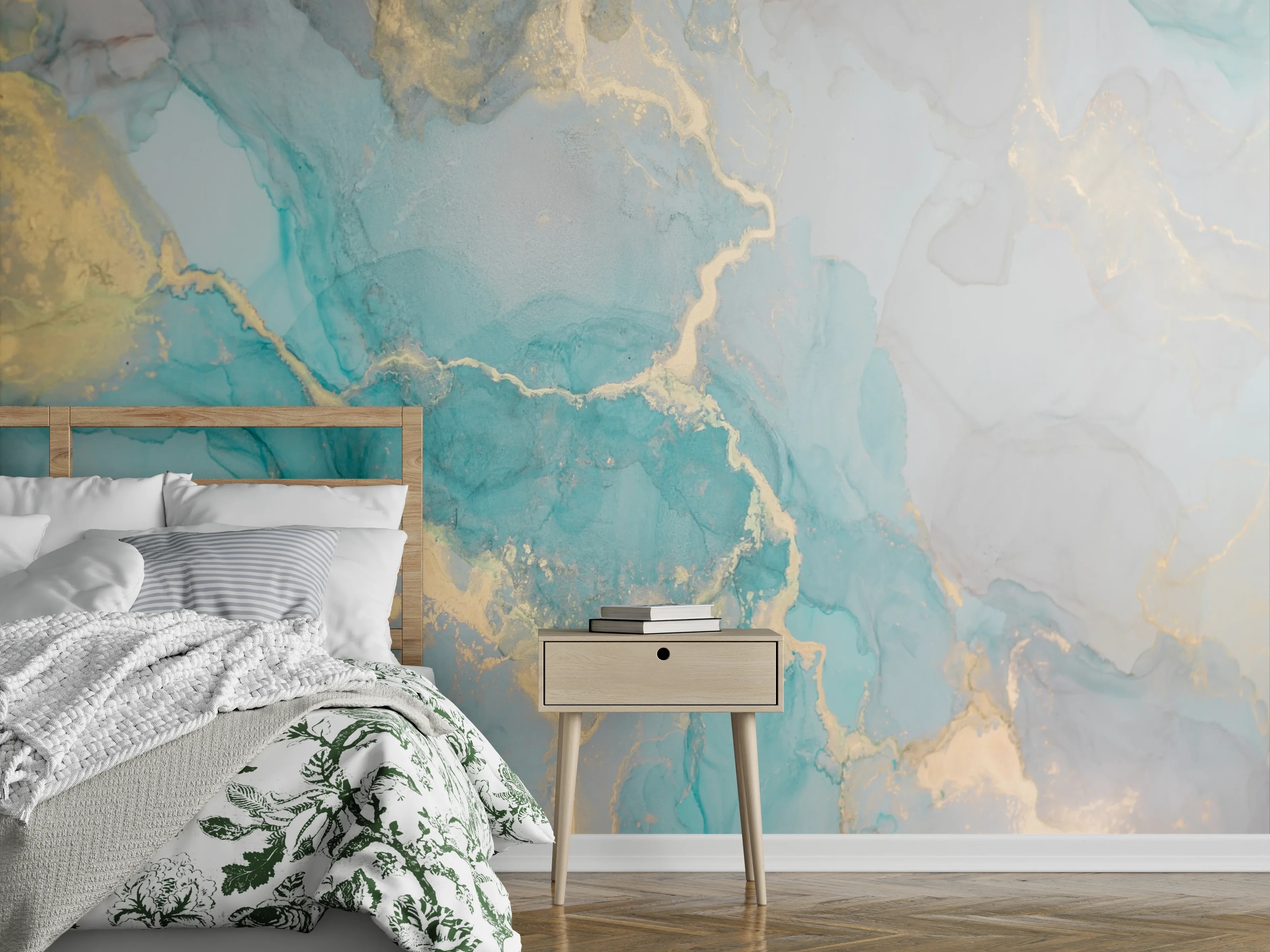 Wandverkleidung Schlafzimmer - Marmoroptik Türkis Gold Wanddeko