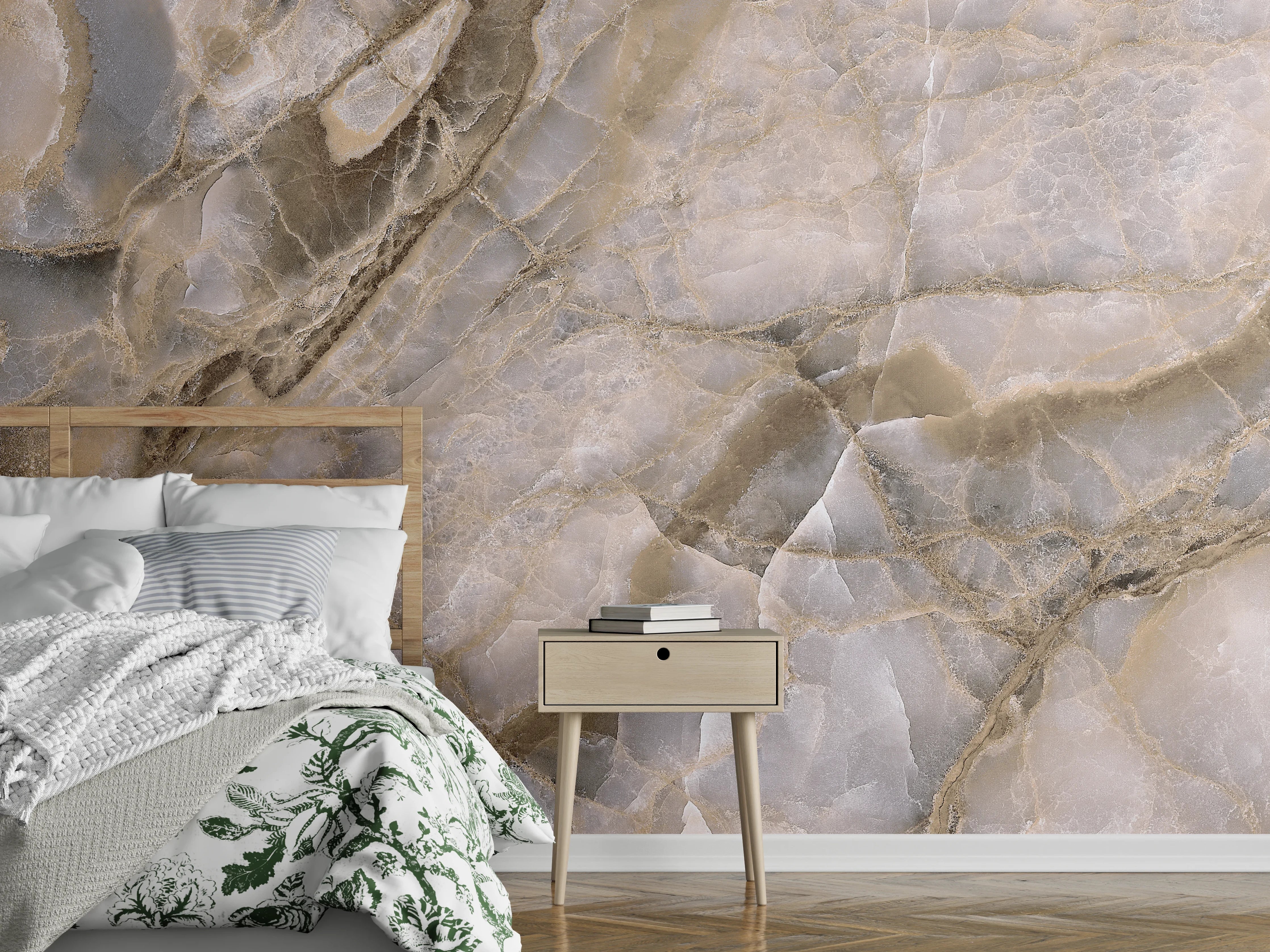 Wandverkleidung Schlafzimmer - Marmoroptik Weißgrau Eleganz