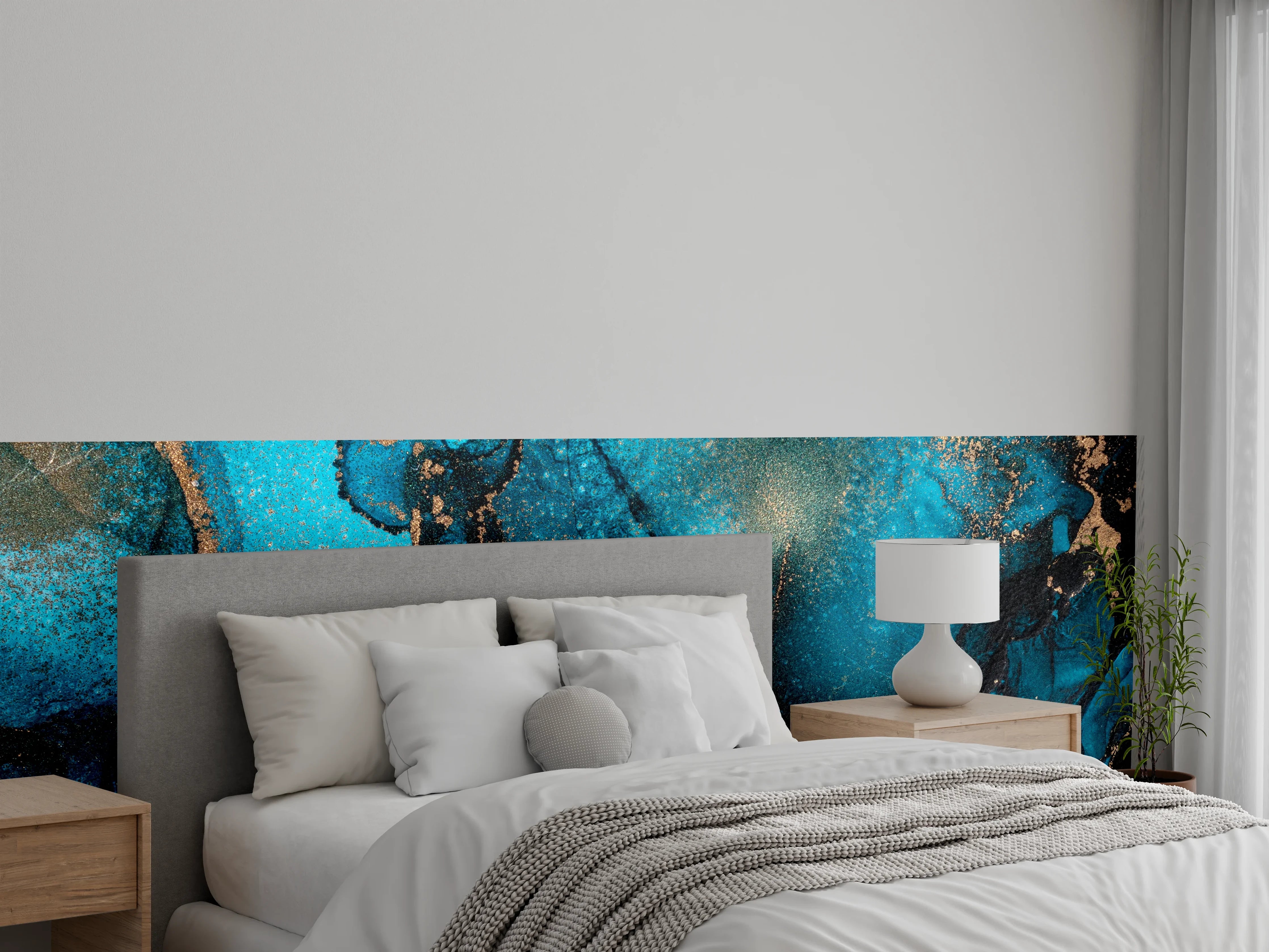 Wandverkleidung Schlafzimmer - Marmoroptik in Türkis und Gold