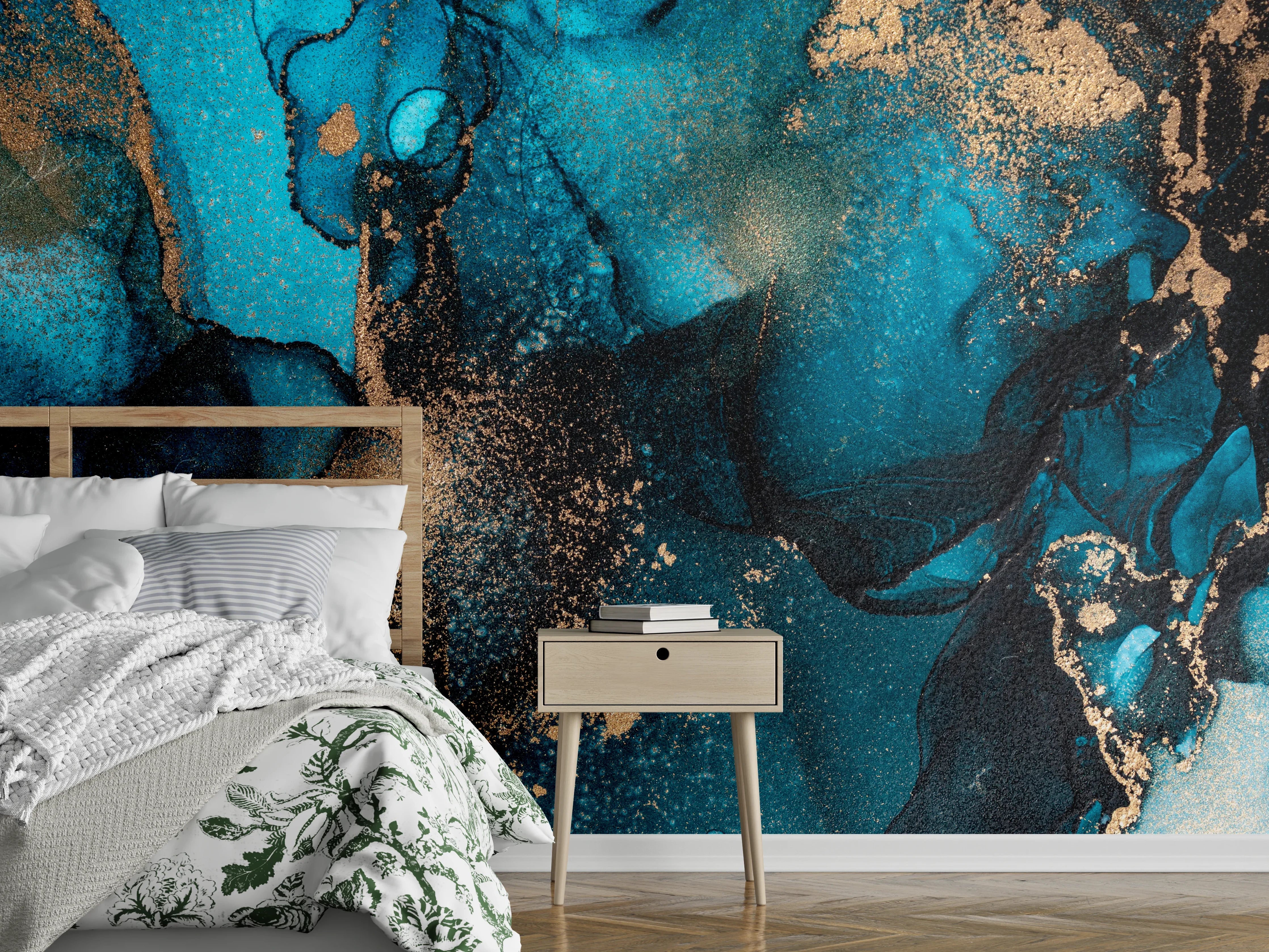 Wandverkleidung Schlafzimmer - Marmoroptik in Türkis und Gold