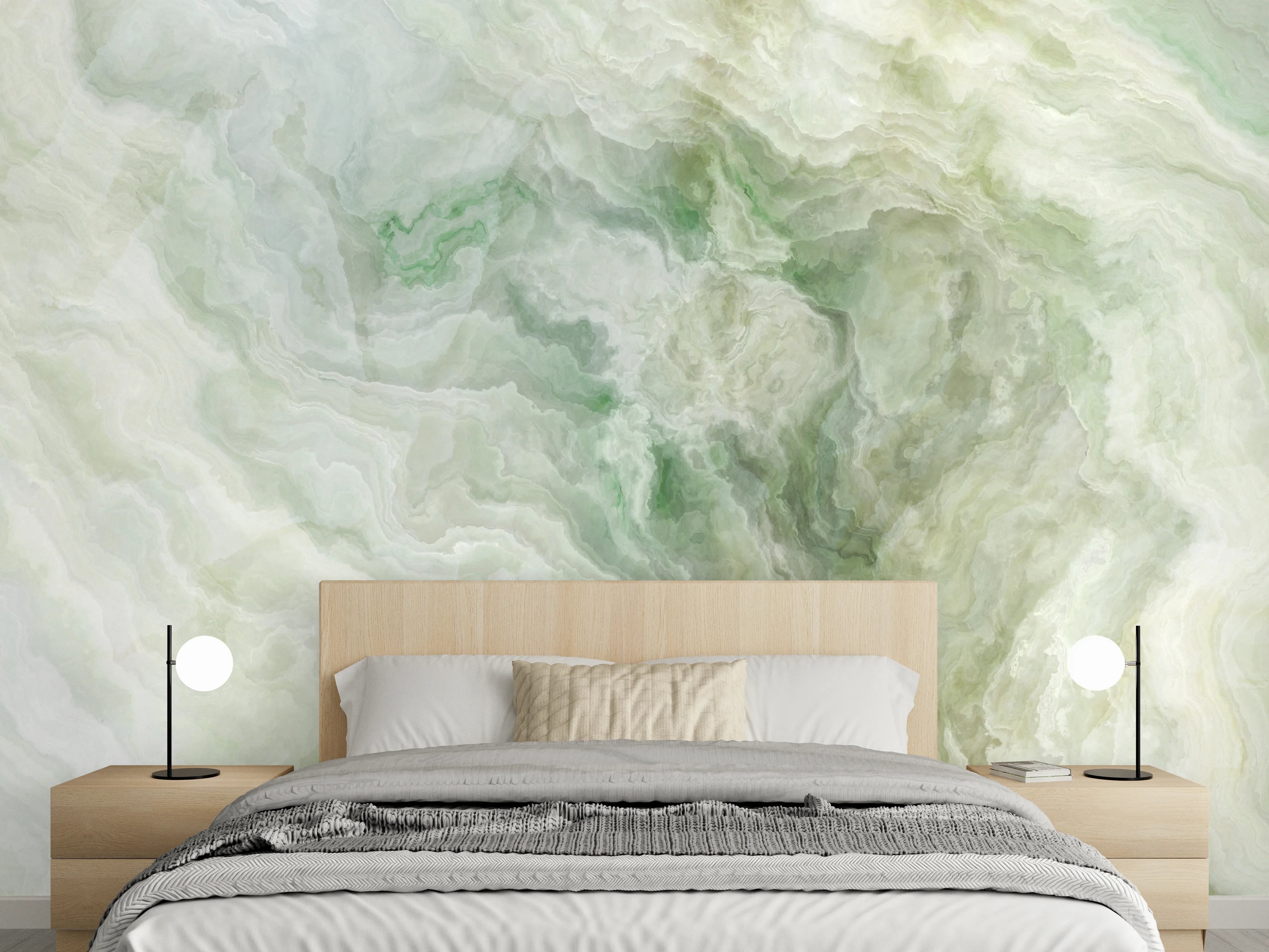 Wandverkleidung Schlafzimmer - Marmoroptik in sanftem Weiß-Grün