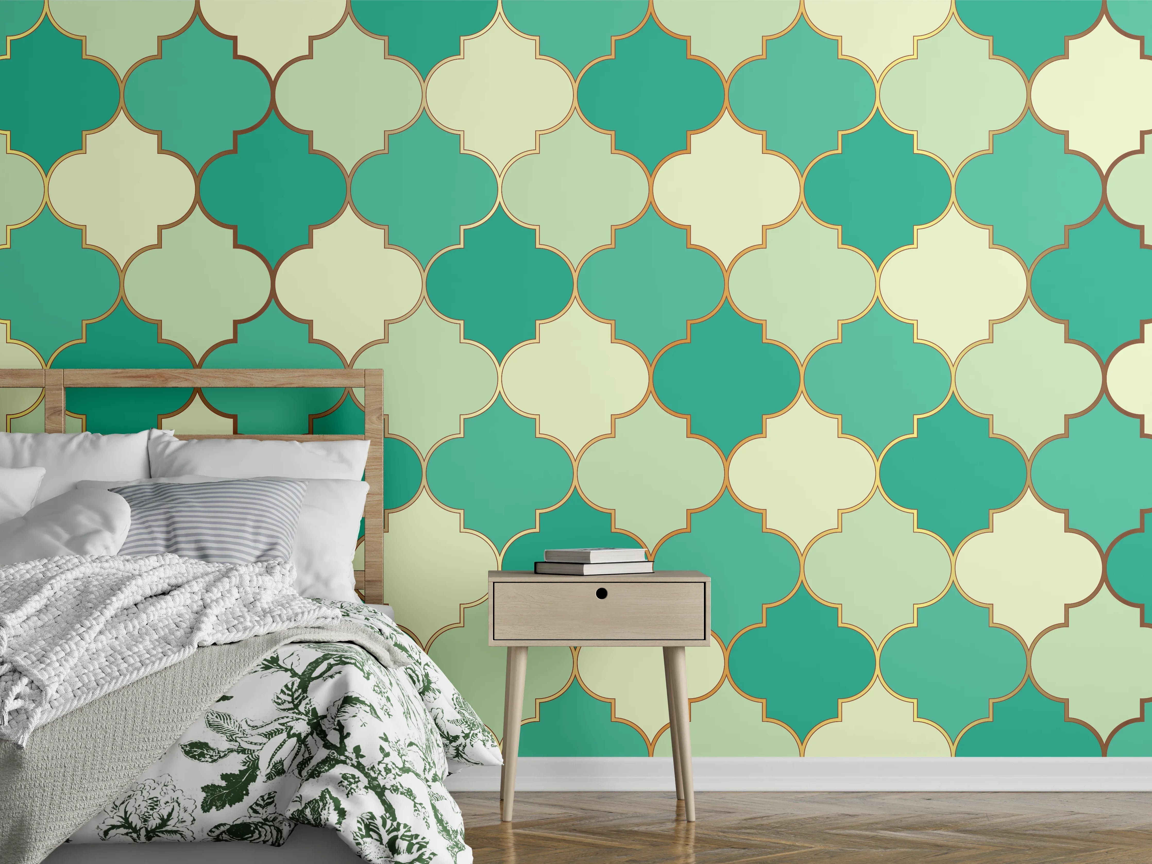 Wandverkleidung Schlafzimmer - Marokkanisches Türkis-Beige Muster