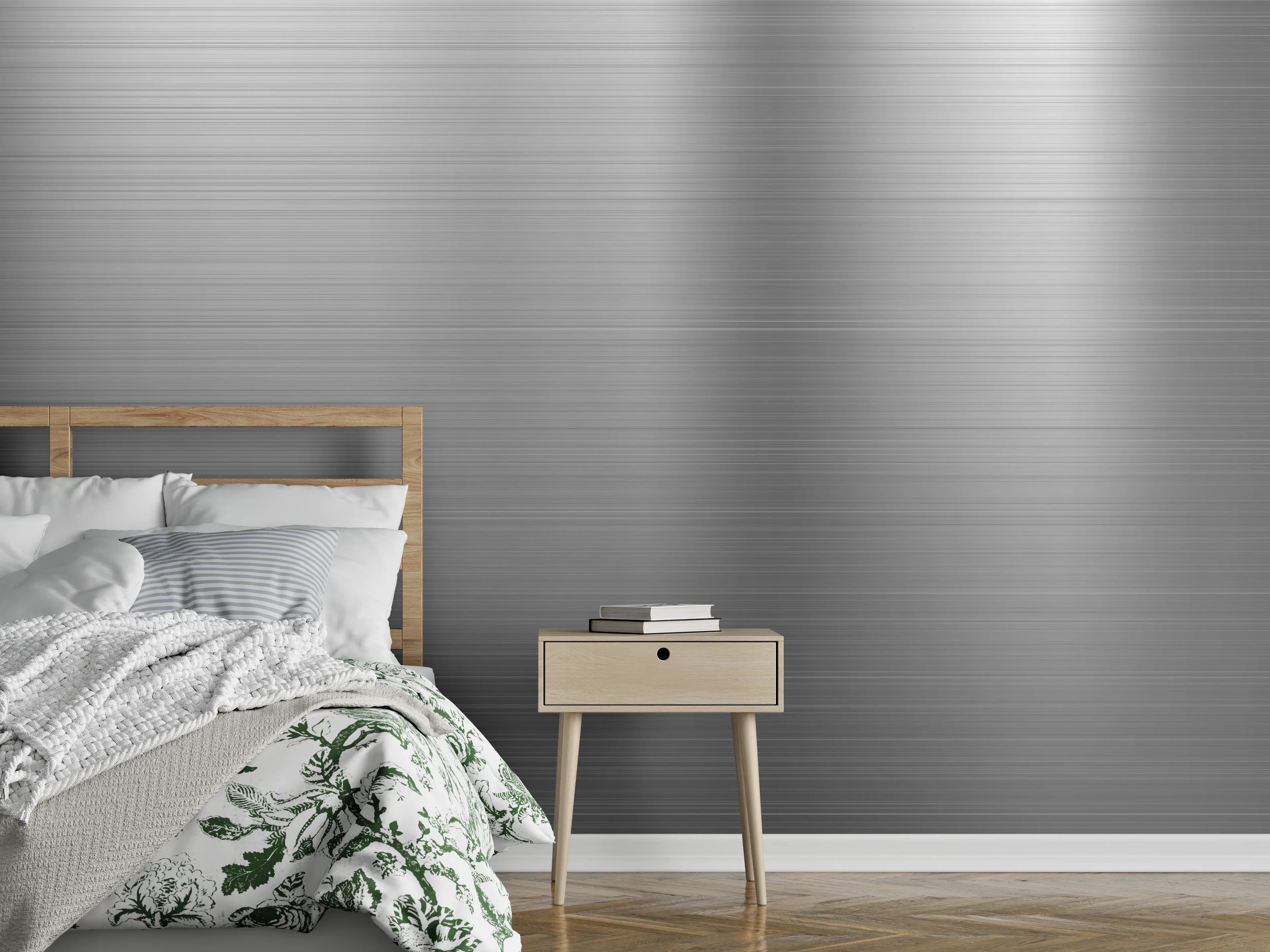 Wandverkleidung Schlafzimmer - Matt gebürstetes Metall in Grautönen