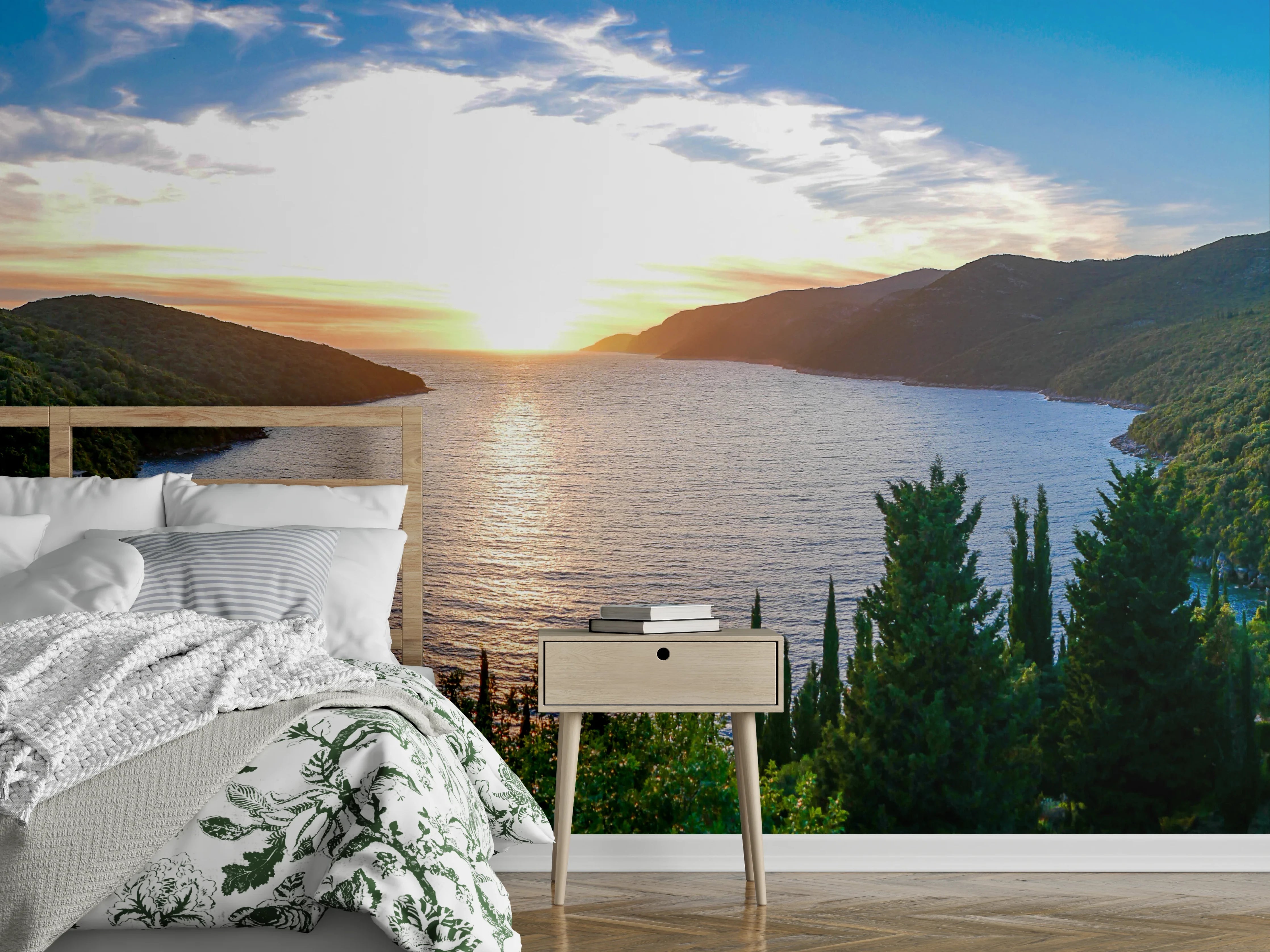 Wandverkleidung Schlafzimmer - Mediterrane Bucht bei Sonnenuntergang Panorama