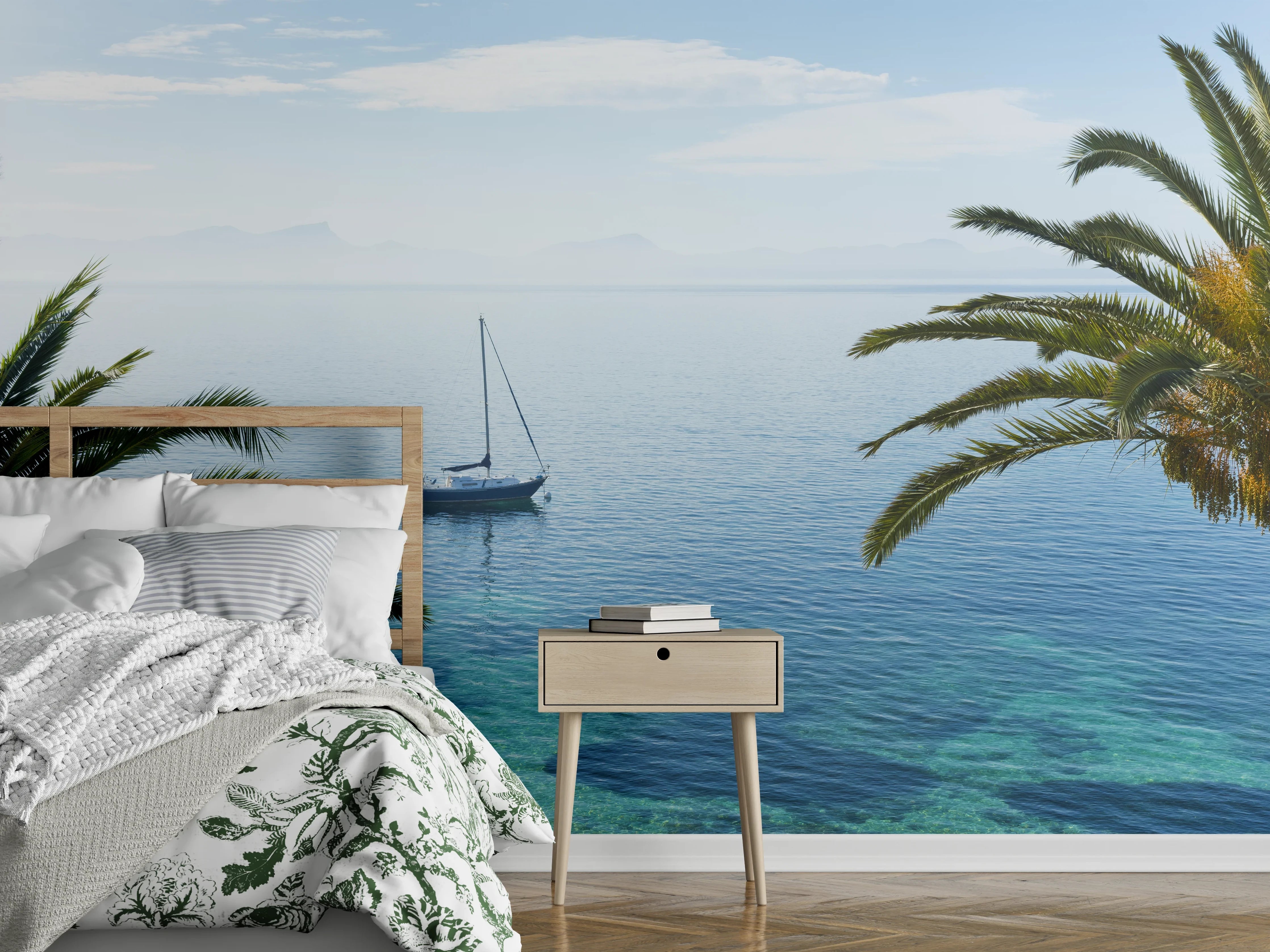 Wandverkleidung Schlafzimmer - Mediterraner Seeblick mit Segelboot