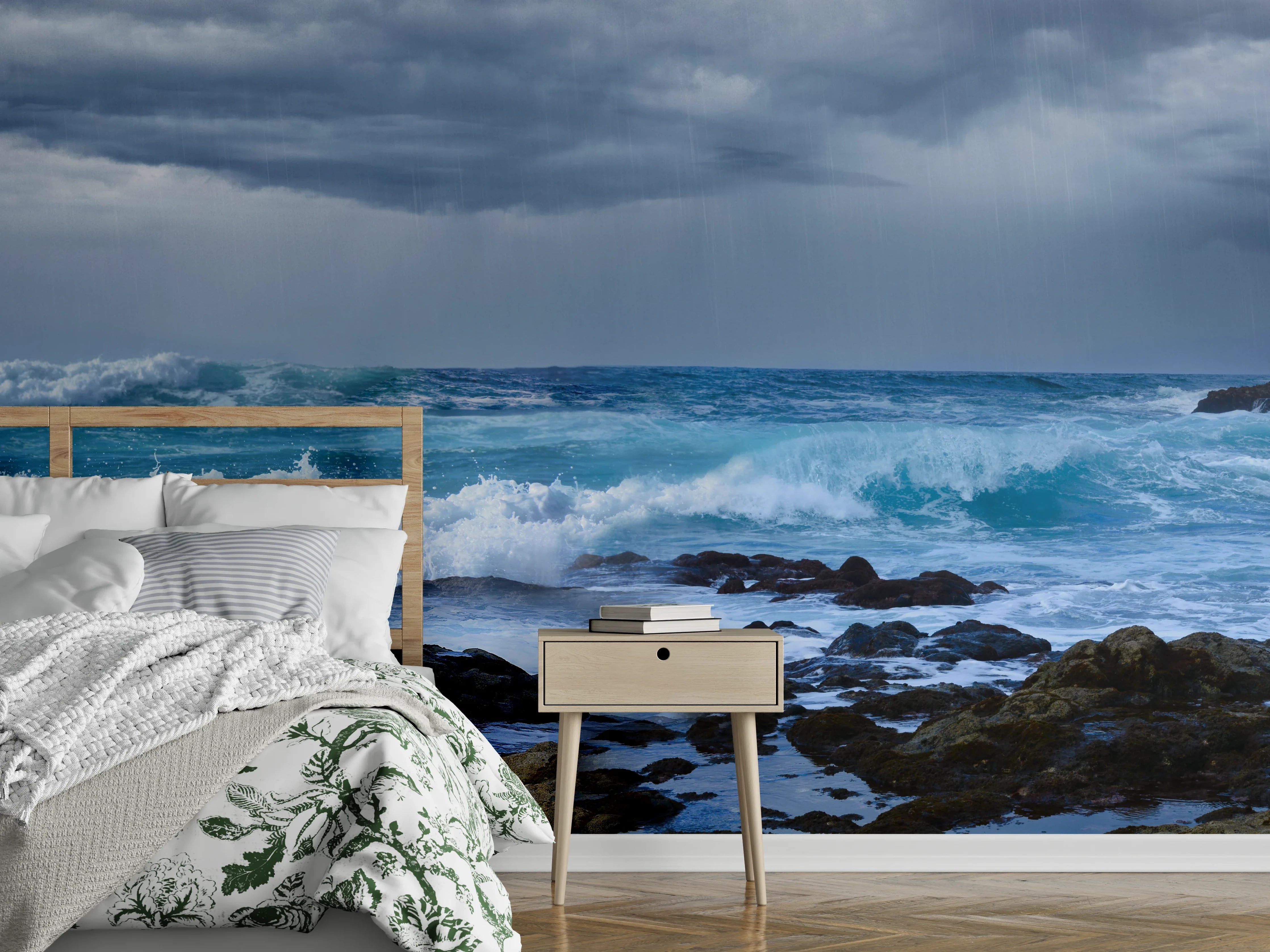 Wandverkleidung Schlafzimmer - Meeresküste mit dunklen Regenwolken und stürmischer See