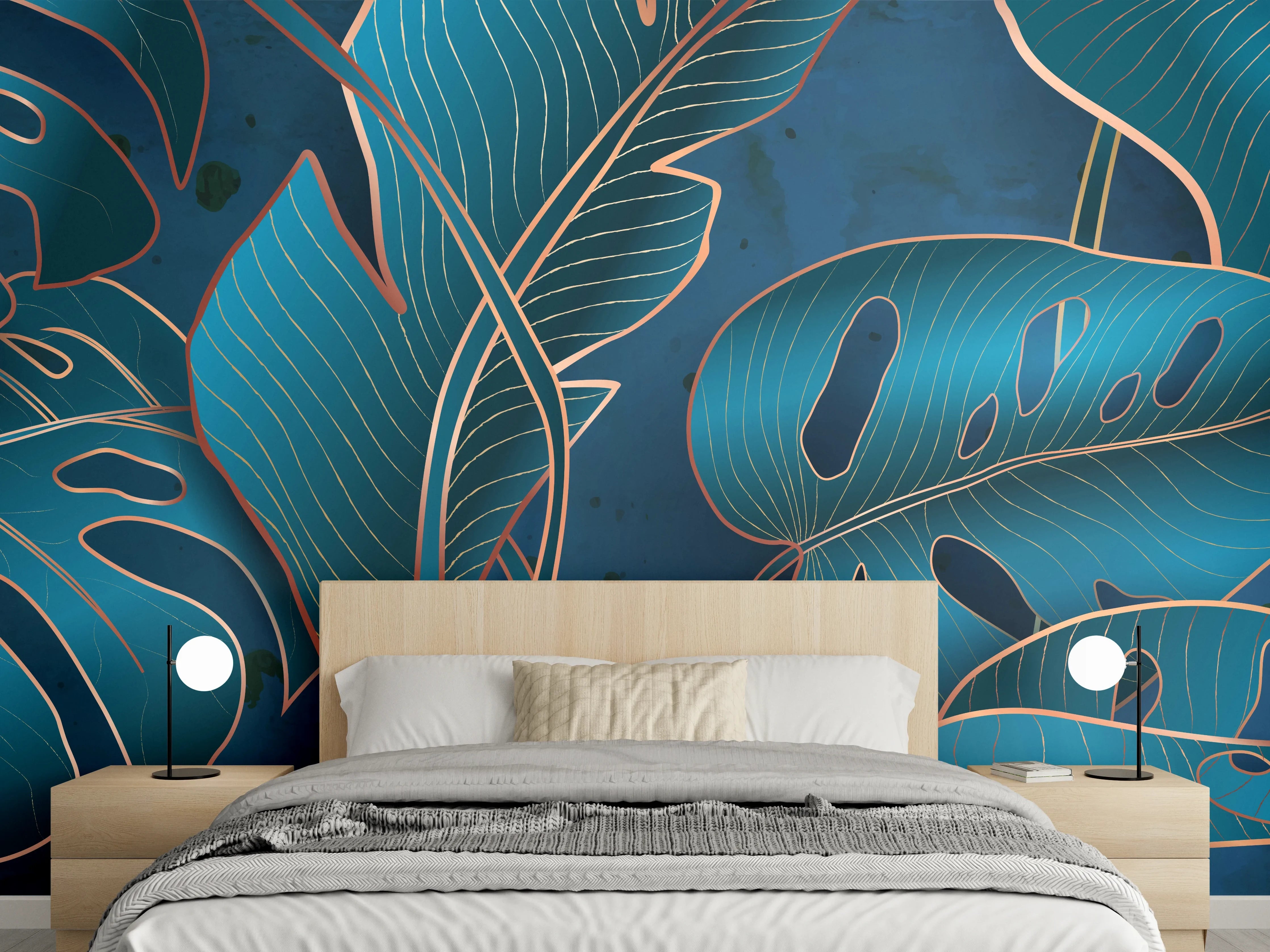 Wandverkleidung Schlafzimmer - Metallisch-blaues Pflanzenmuster