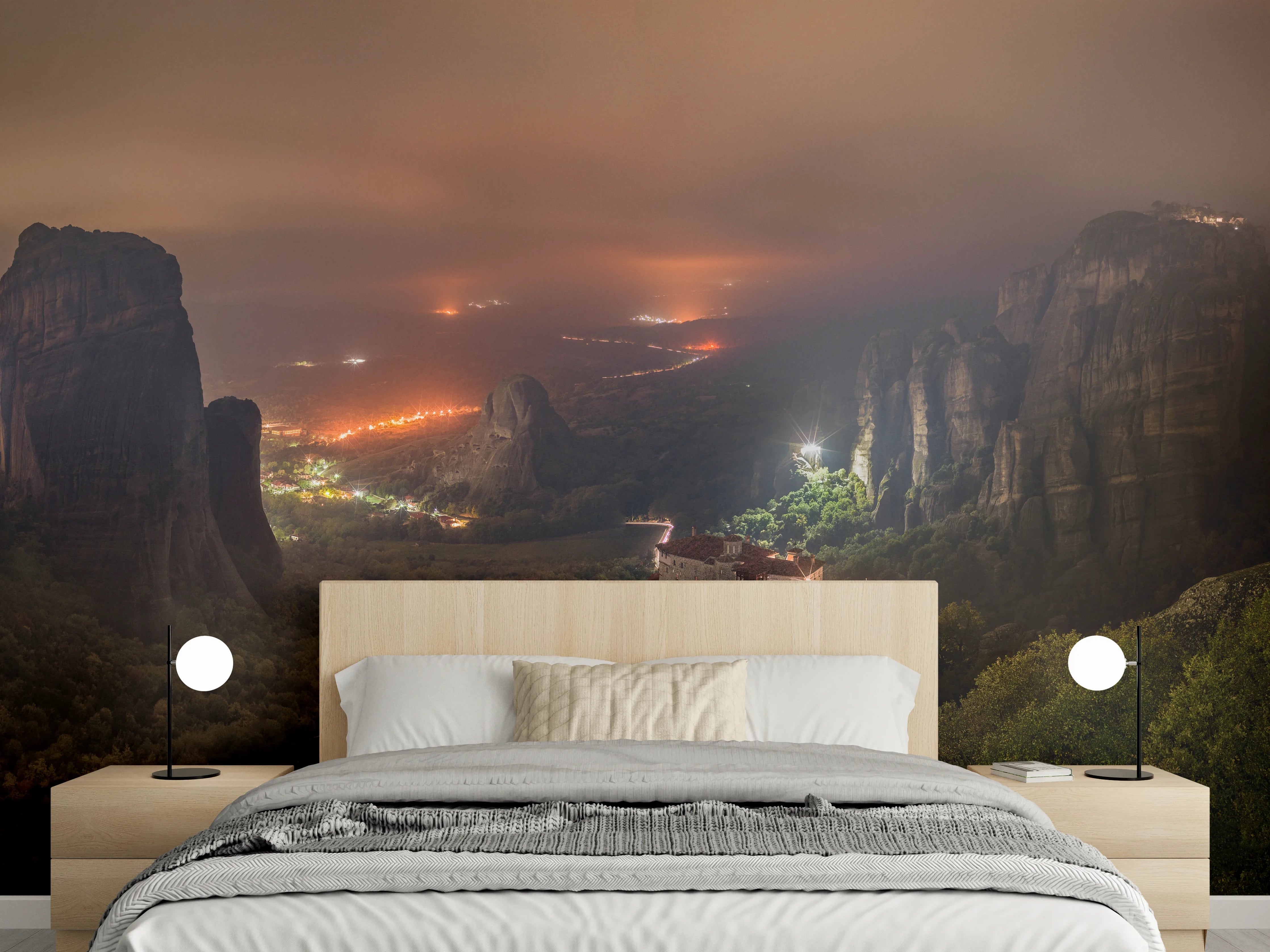 Wandverkleidung Schlafzimmer - Meteora Klöster bei Nacht Panorama