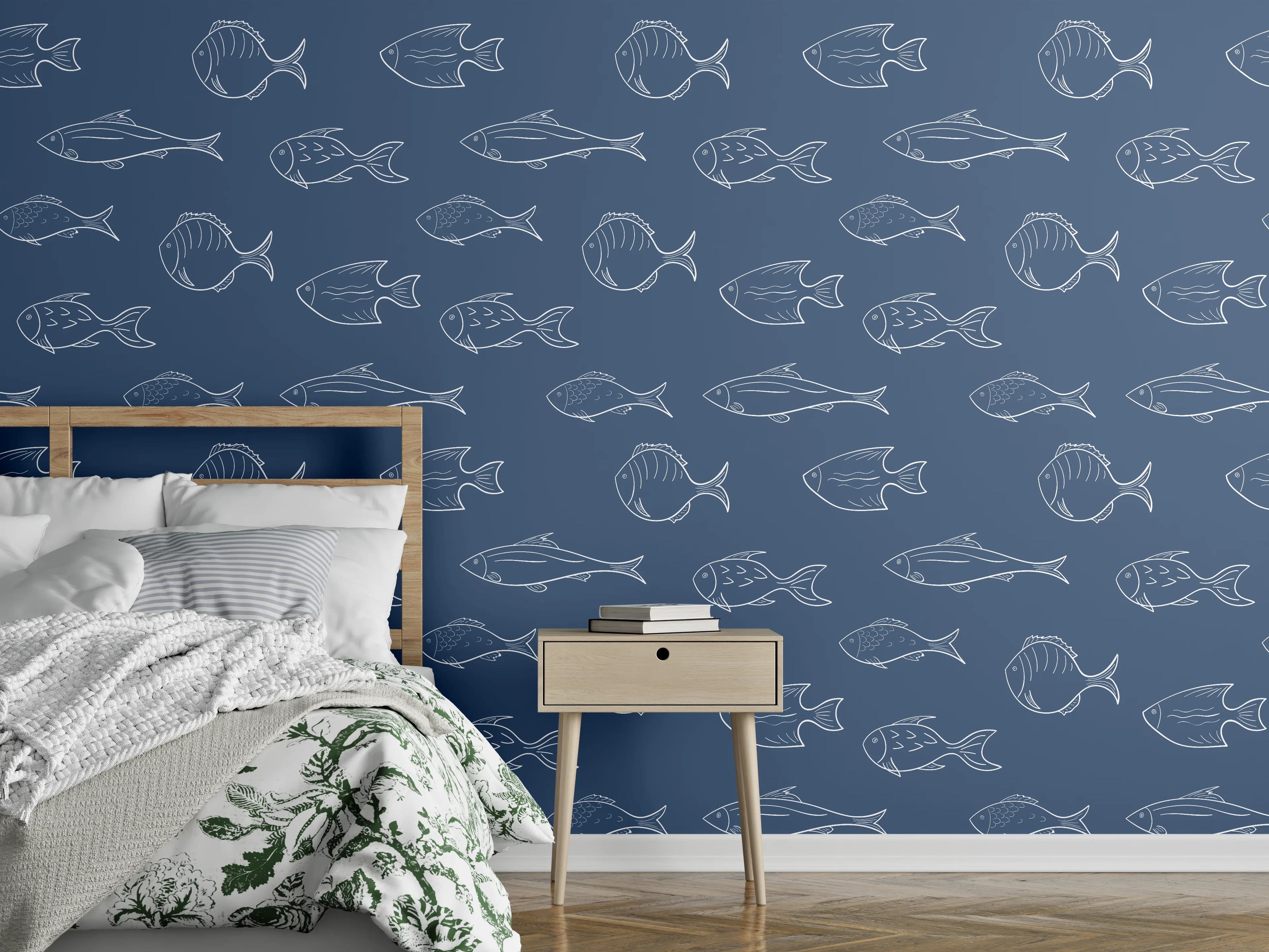 Wandverkleidung Schlafzimmer - Minimal Fischmuster Blau
