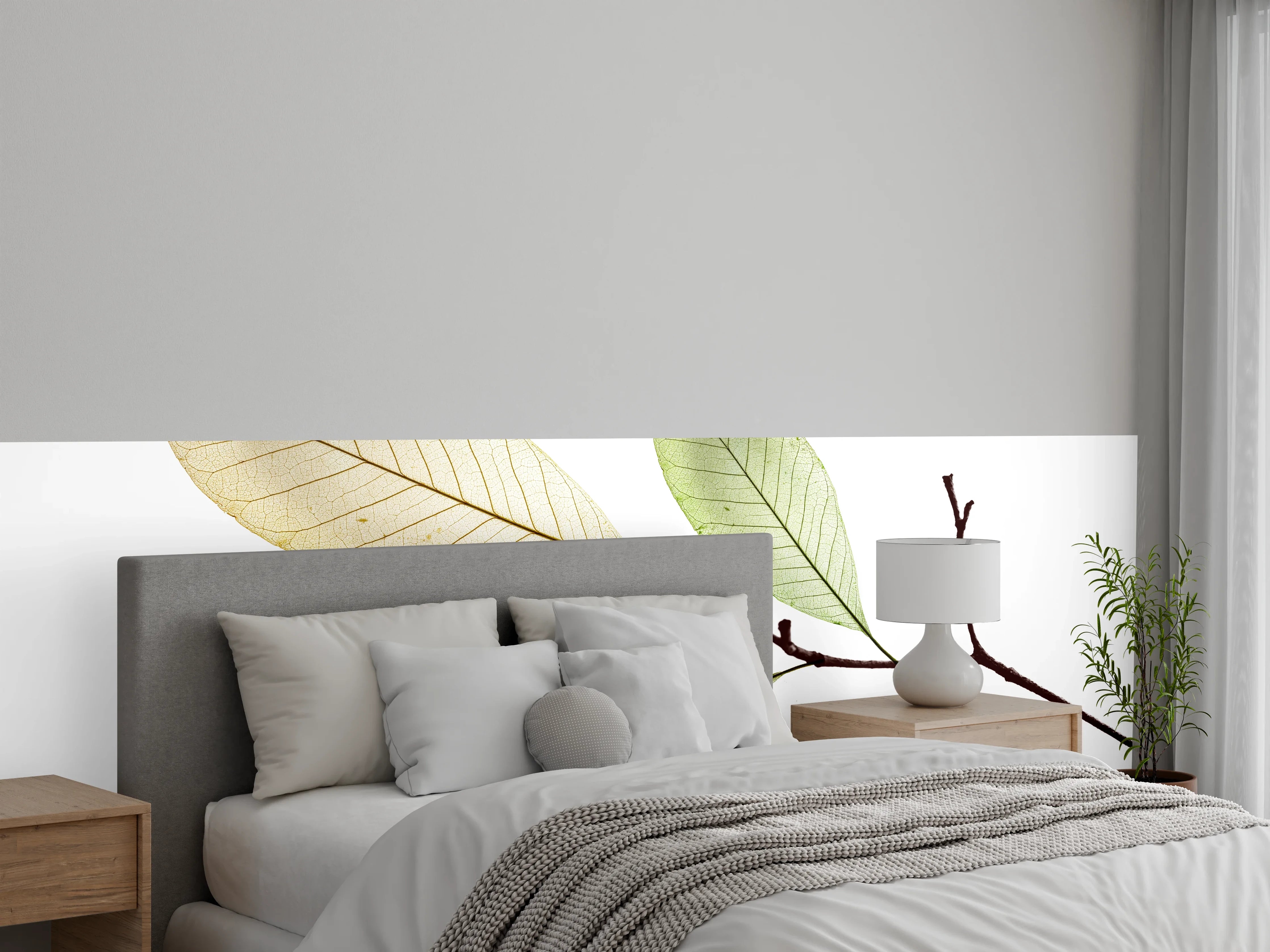 Wandverkleidung Schlafzimmer - Minimalistische Blätter Ast, Weiß-Grau Akzent