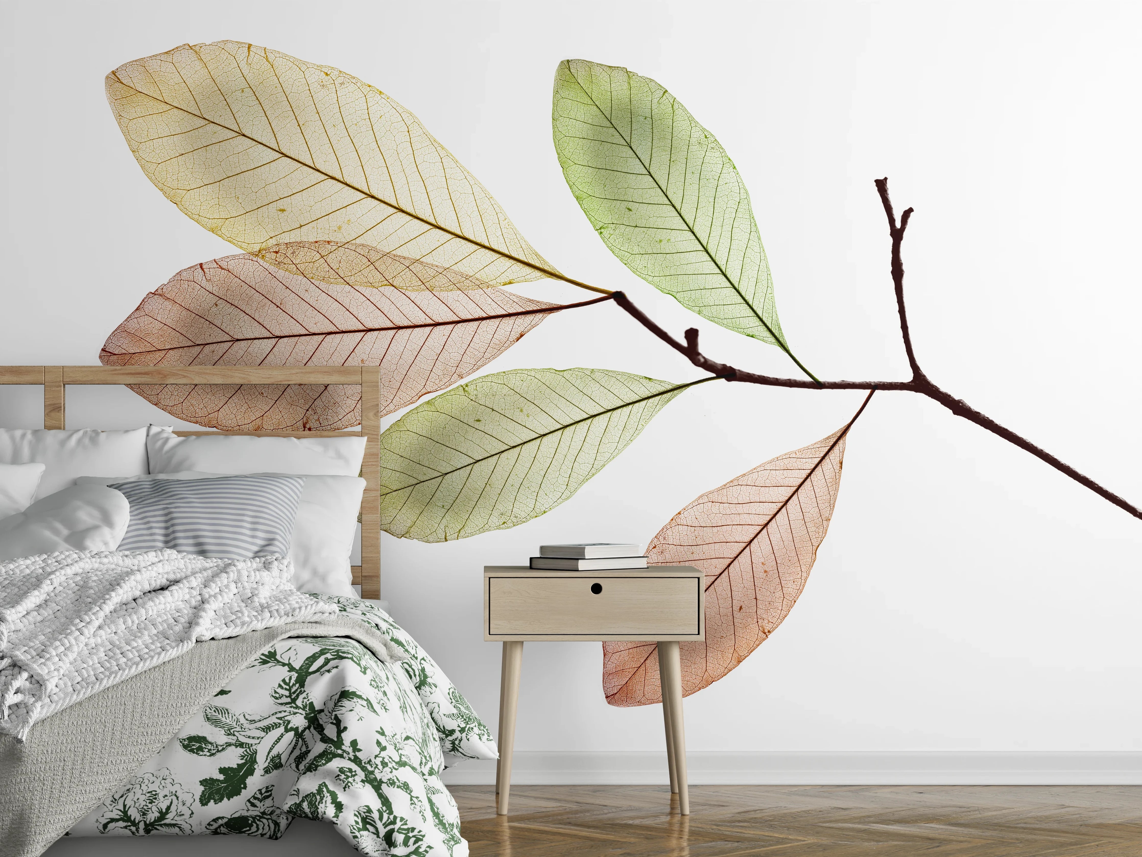 Wandverkleidung Schlafzimmer - Minimalistische Blätter Ast, Weiß-Grau Akzent