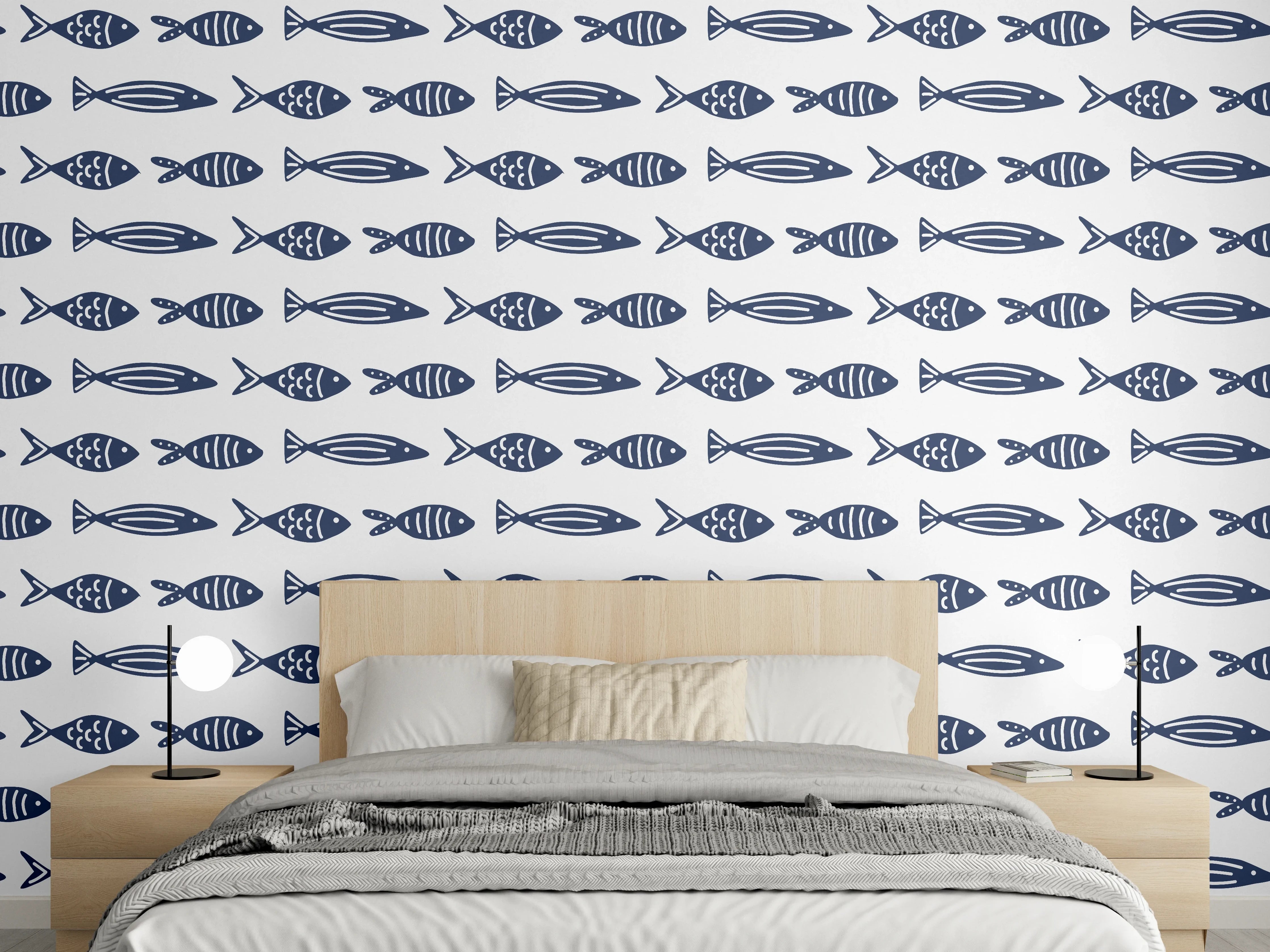 Wandverkleidung Schlafzimmer - Minimalistische Fische Blau-Weiß
