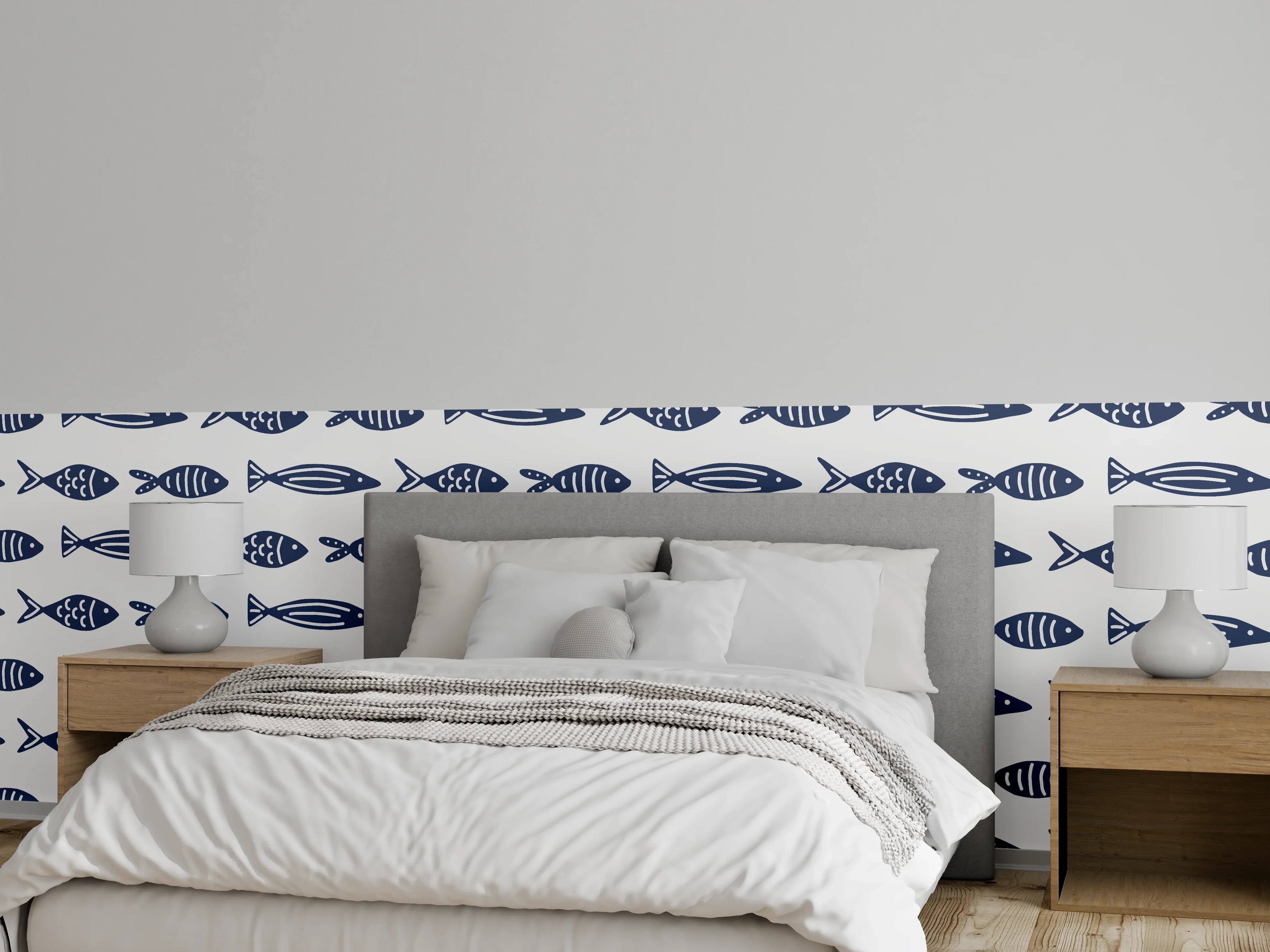 Wandverkleidung Schlafzimmer - Minimalistische Fische Blau-Weiß