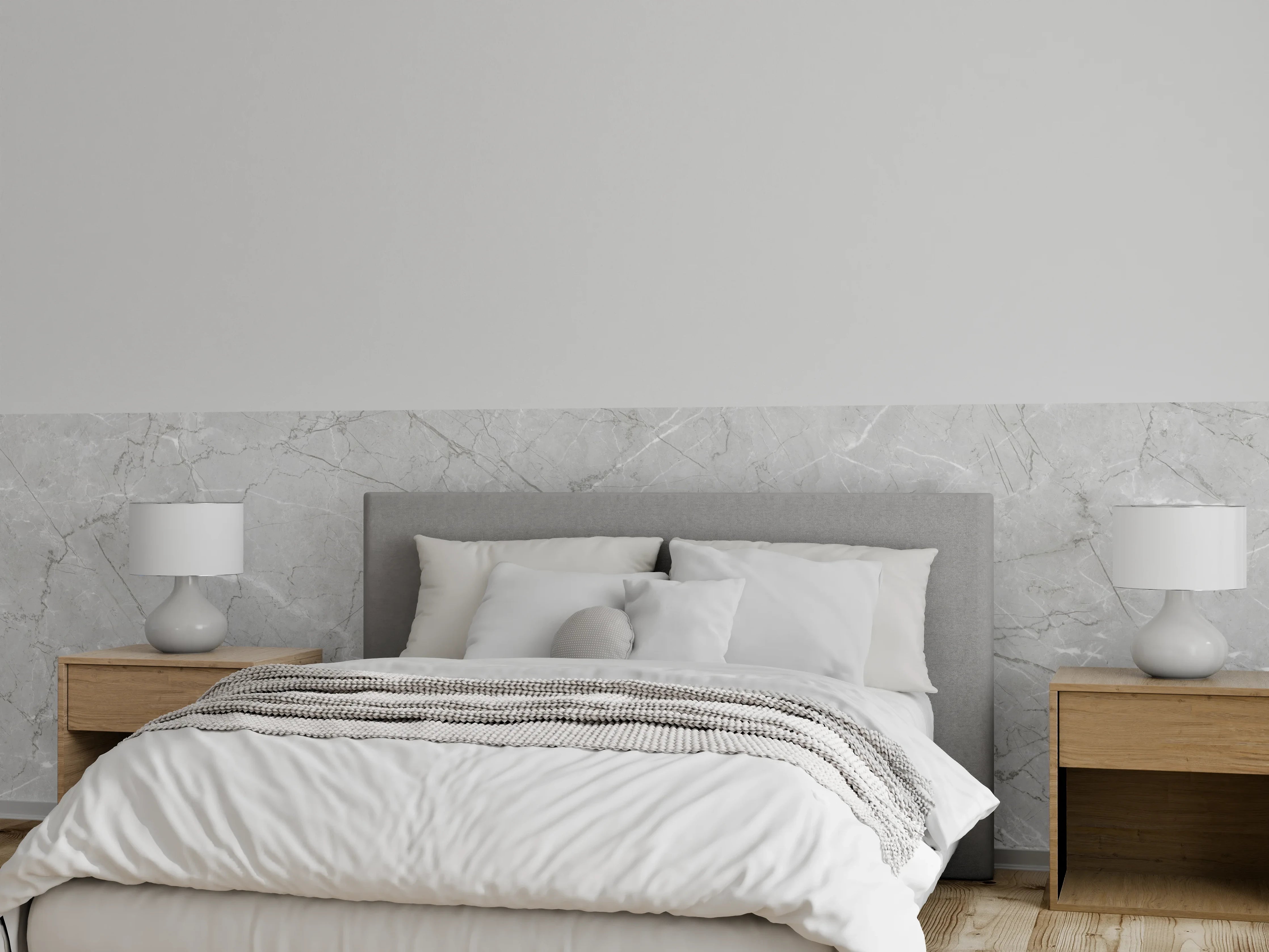 Wandverkleidung Schlafzimmer - Minimalistische Marmorfläche in Weiß und Grau