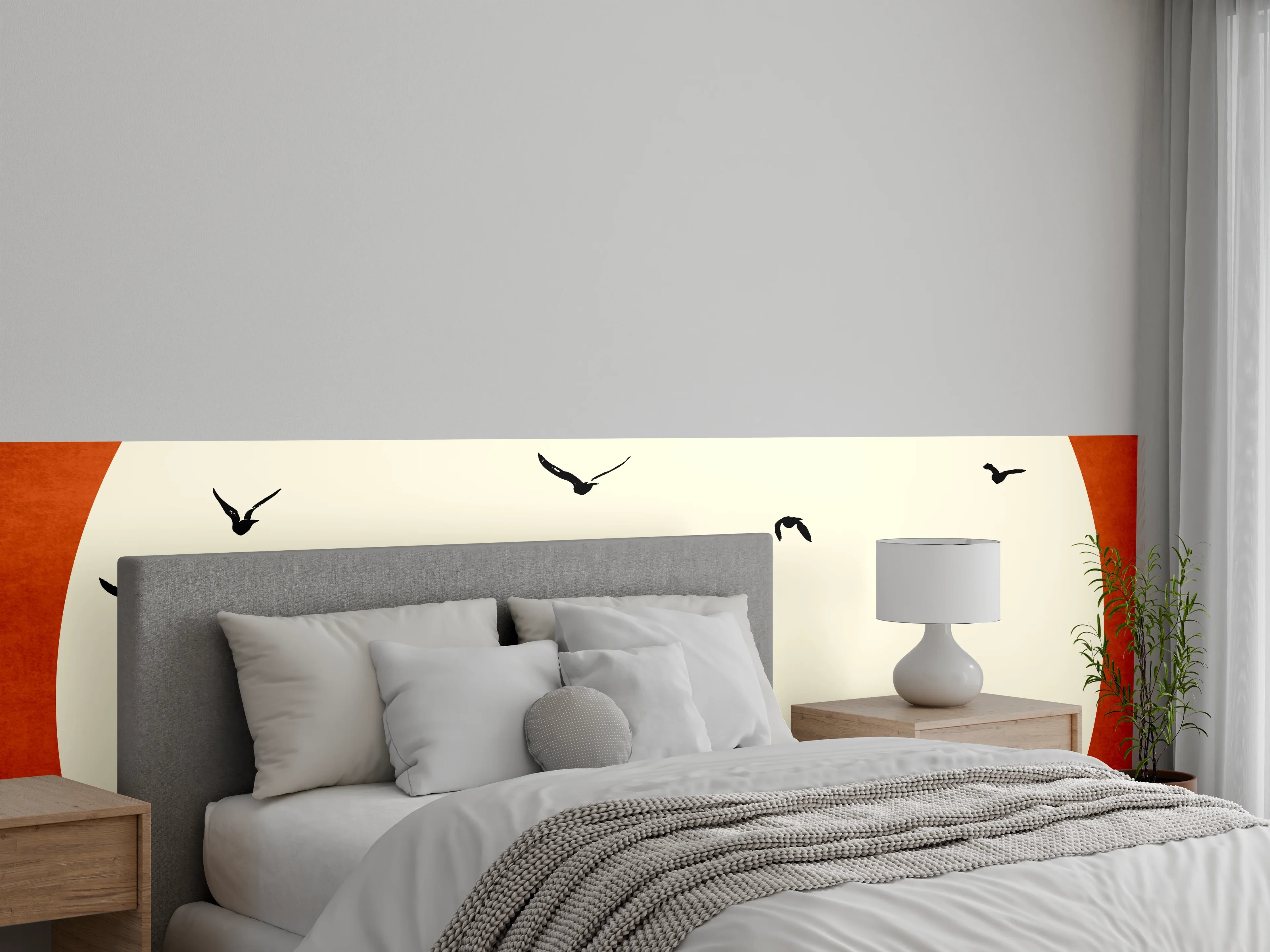 Wandverkleidung Schlafzimmer - Minimalistische Sonne mit fliegenden Vögeln