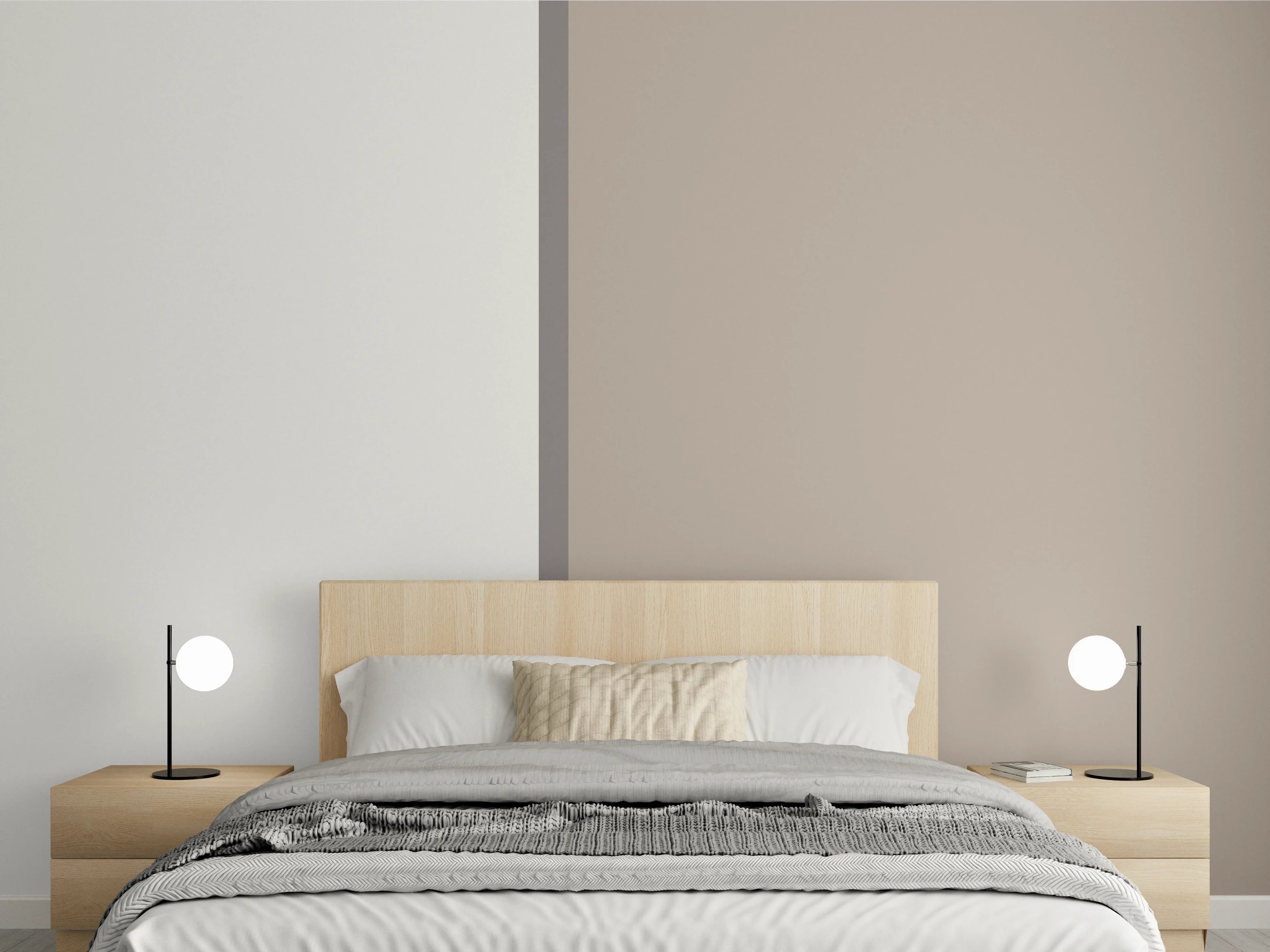 Wandverkleidung Schlafzimmer - Minimalistische Wandgestaltung Beige-Weiß Kontrast