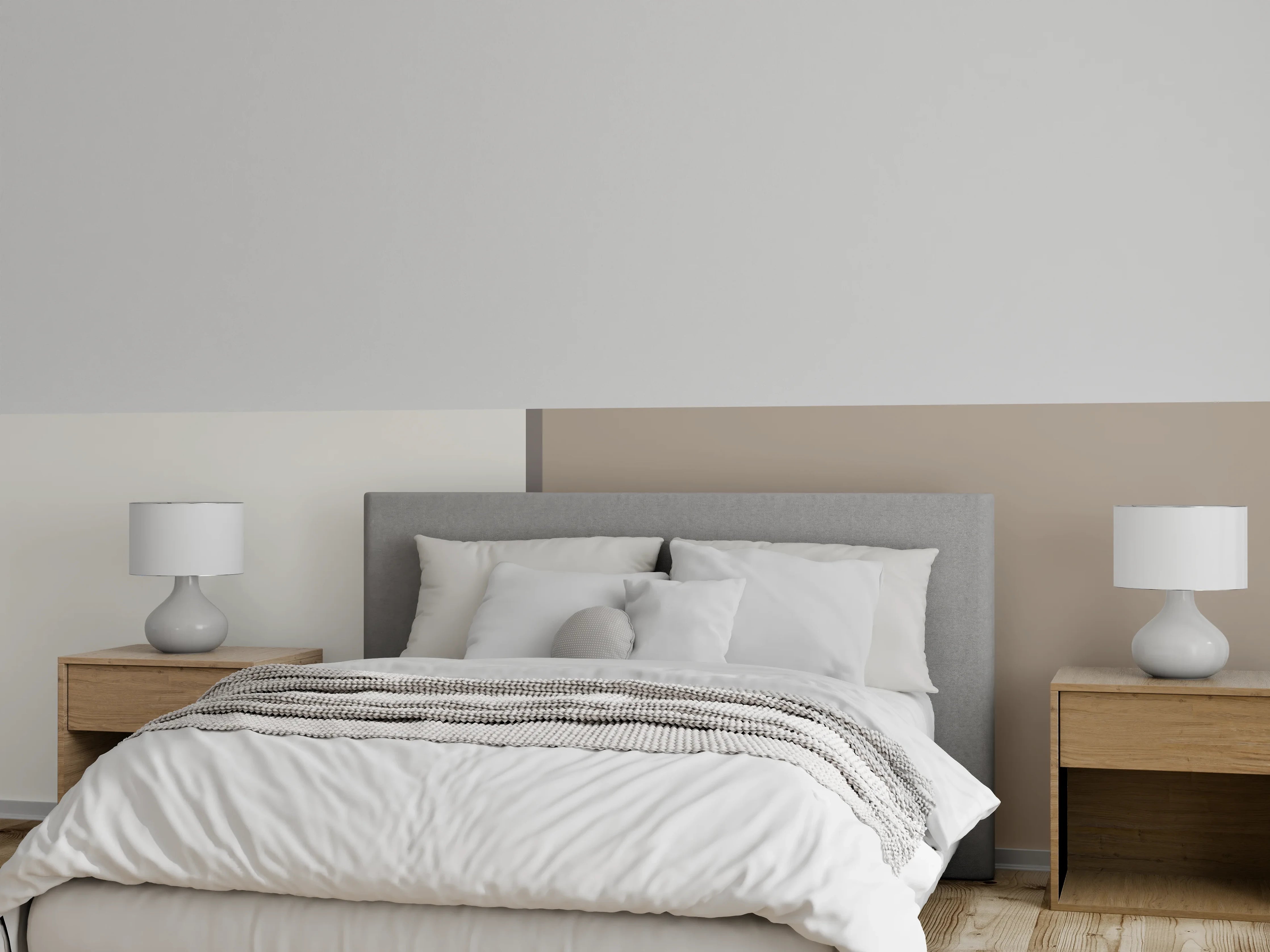 Wandverkleidung Schlafzimmer - Minimalistische Wandgestaltung Beige-Weiß Kontrast