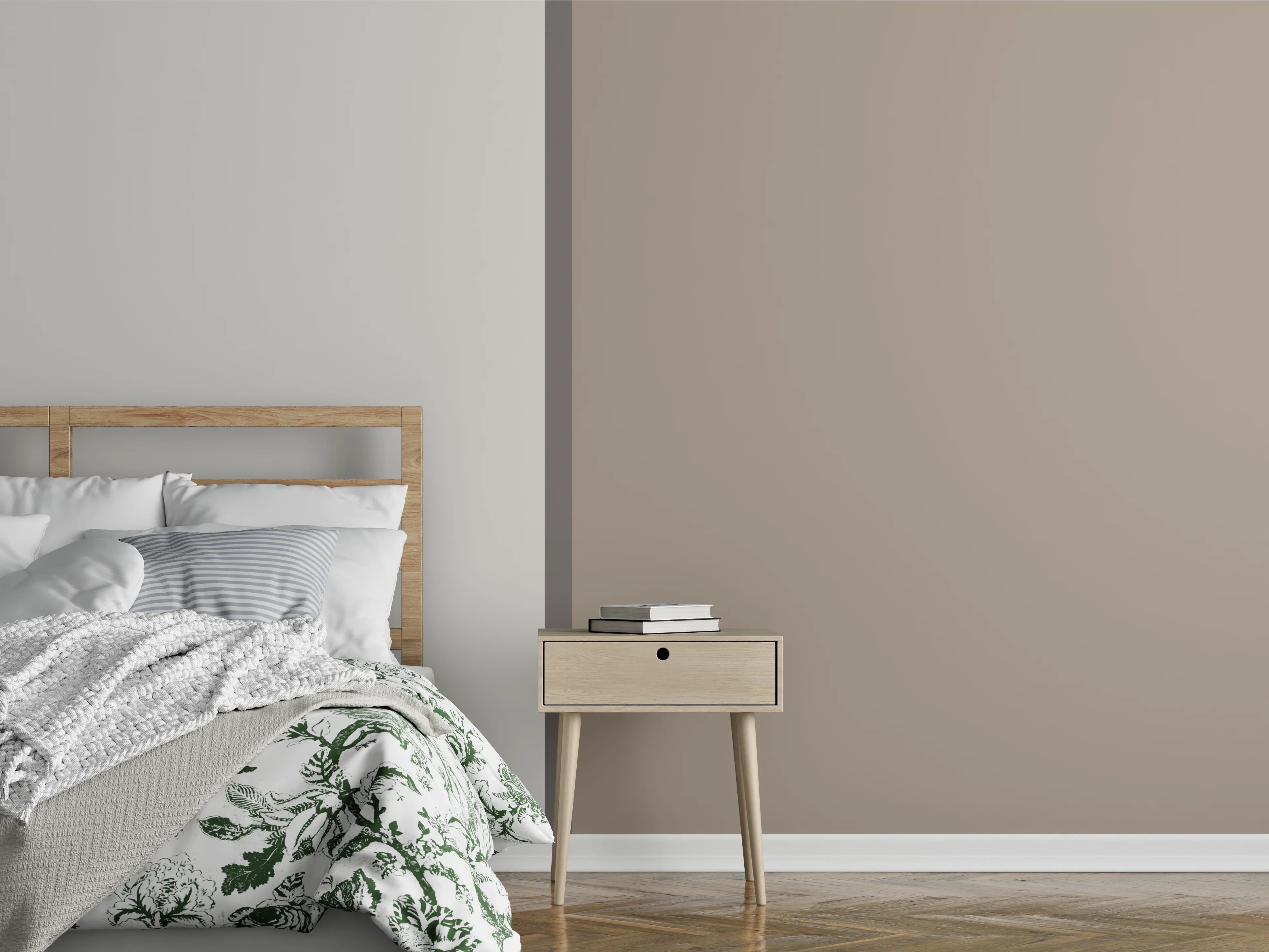 Wandverkleidung Schlafzimmer - Minimalistische Wandgestaltung Beige-Weiß Kontrast