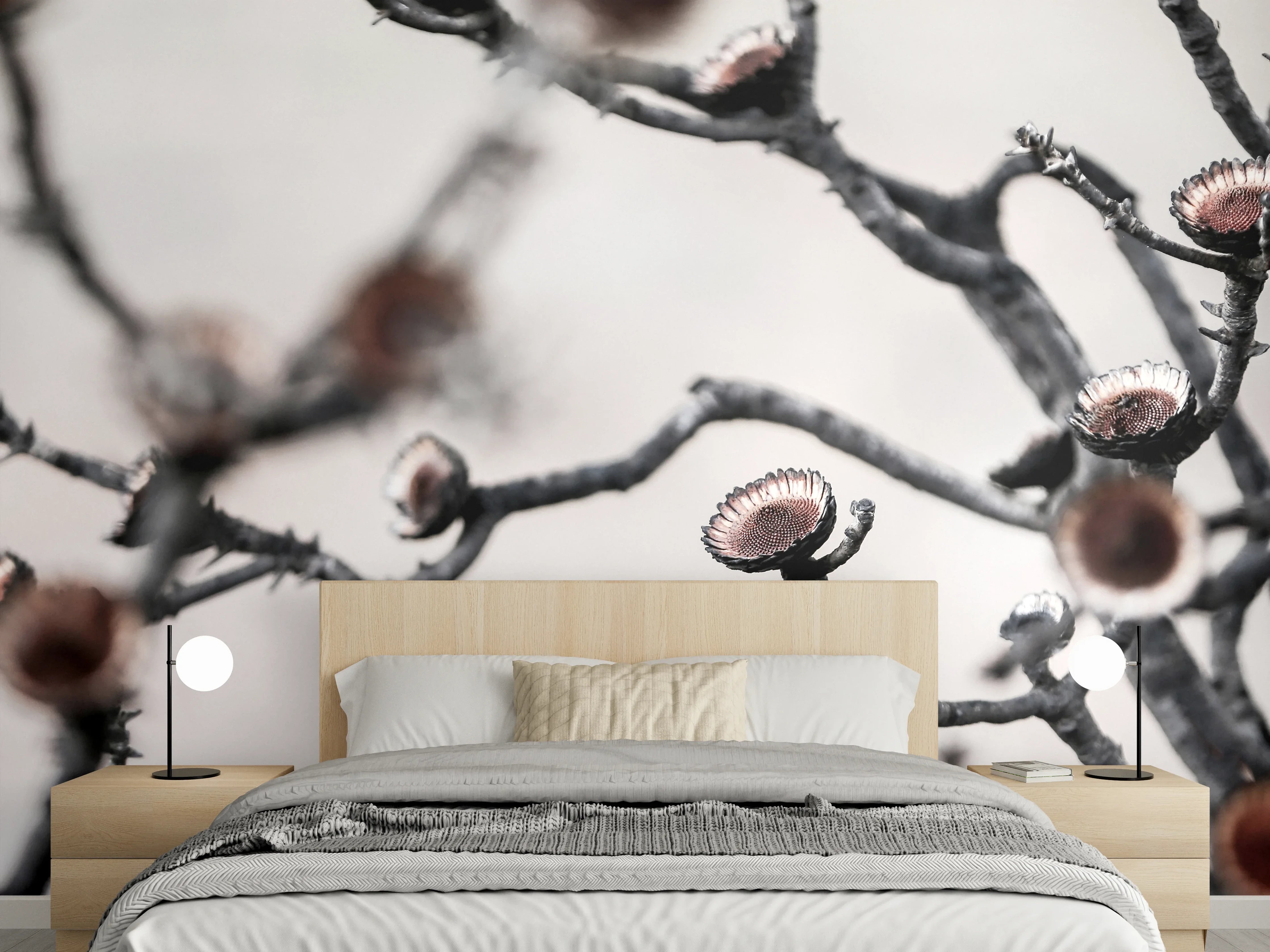 Wandverkleidung Schlafzimmer - Minimalistische vertrocknete Blüten in Schwarz-Weiß