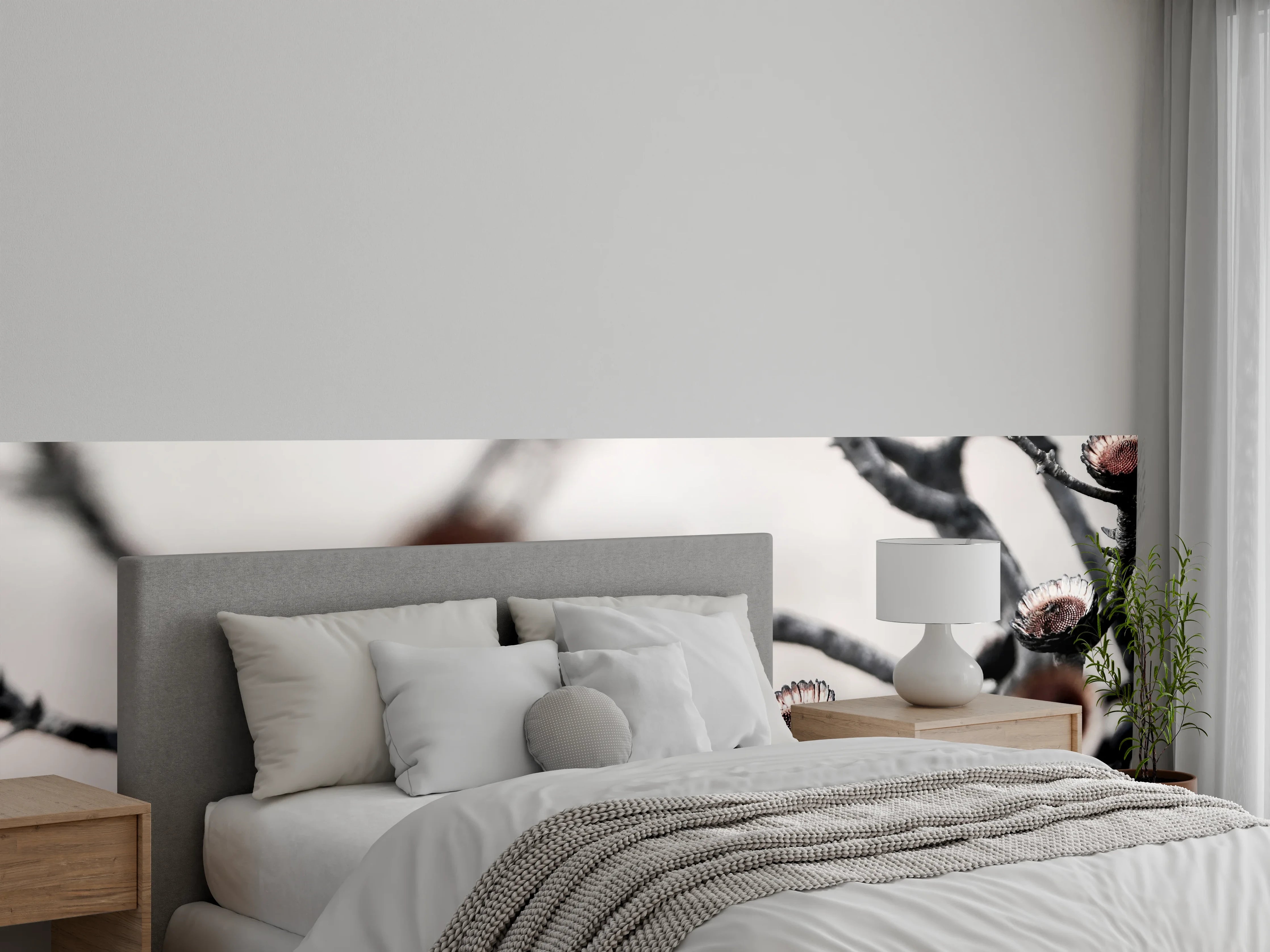 Wandverkleidung Schlafzimmer - Minimalistische vertrocknete Blüten in Schwarz-Weiß