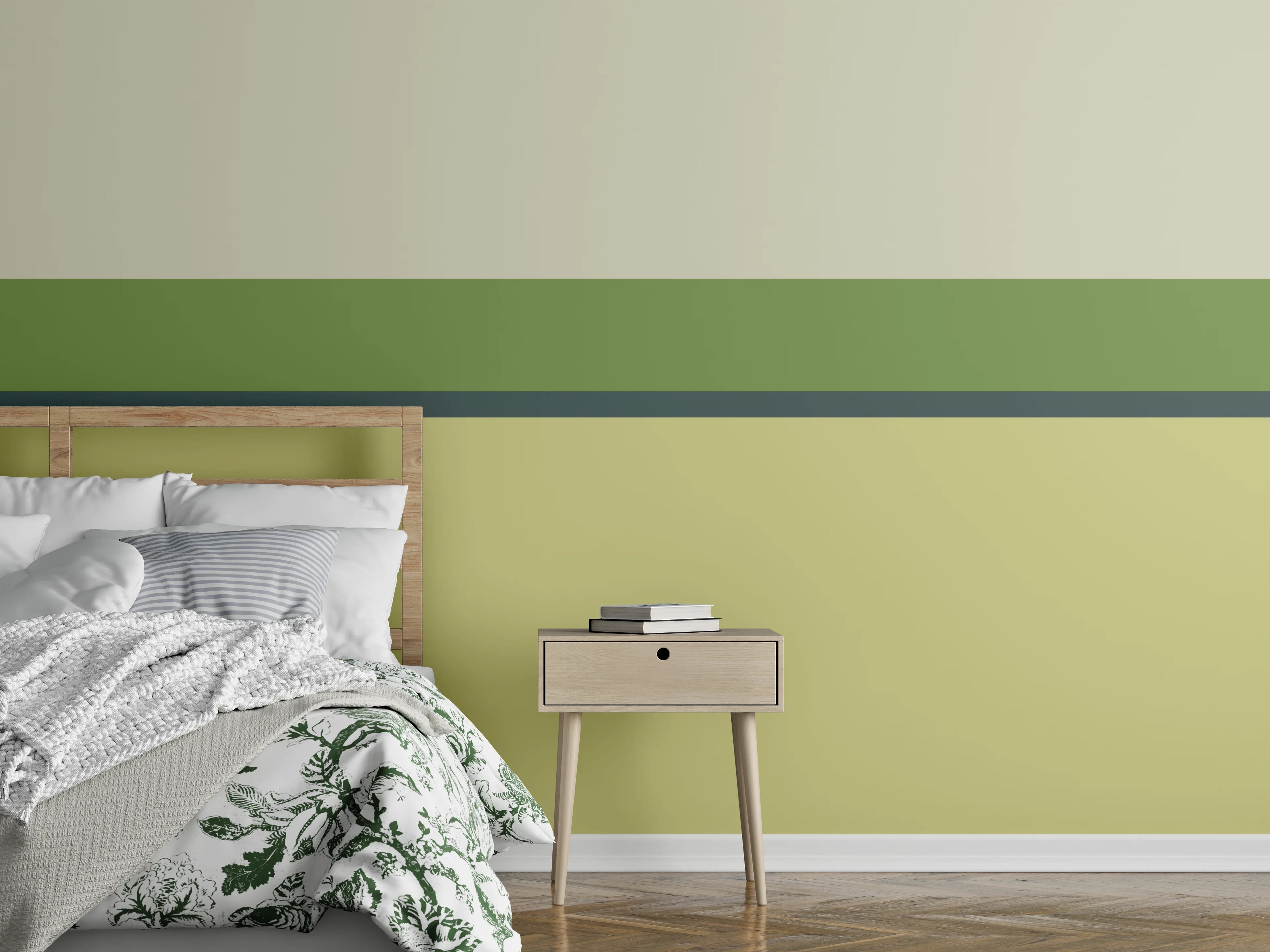 Wandverkleidung Schlafzimmer - Minimalistisches Streifen-Design Grün Gelb