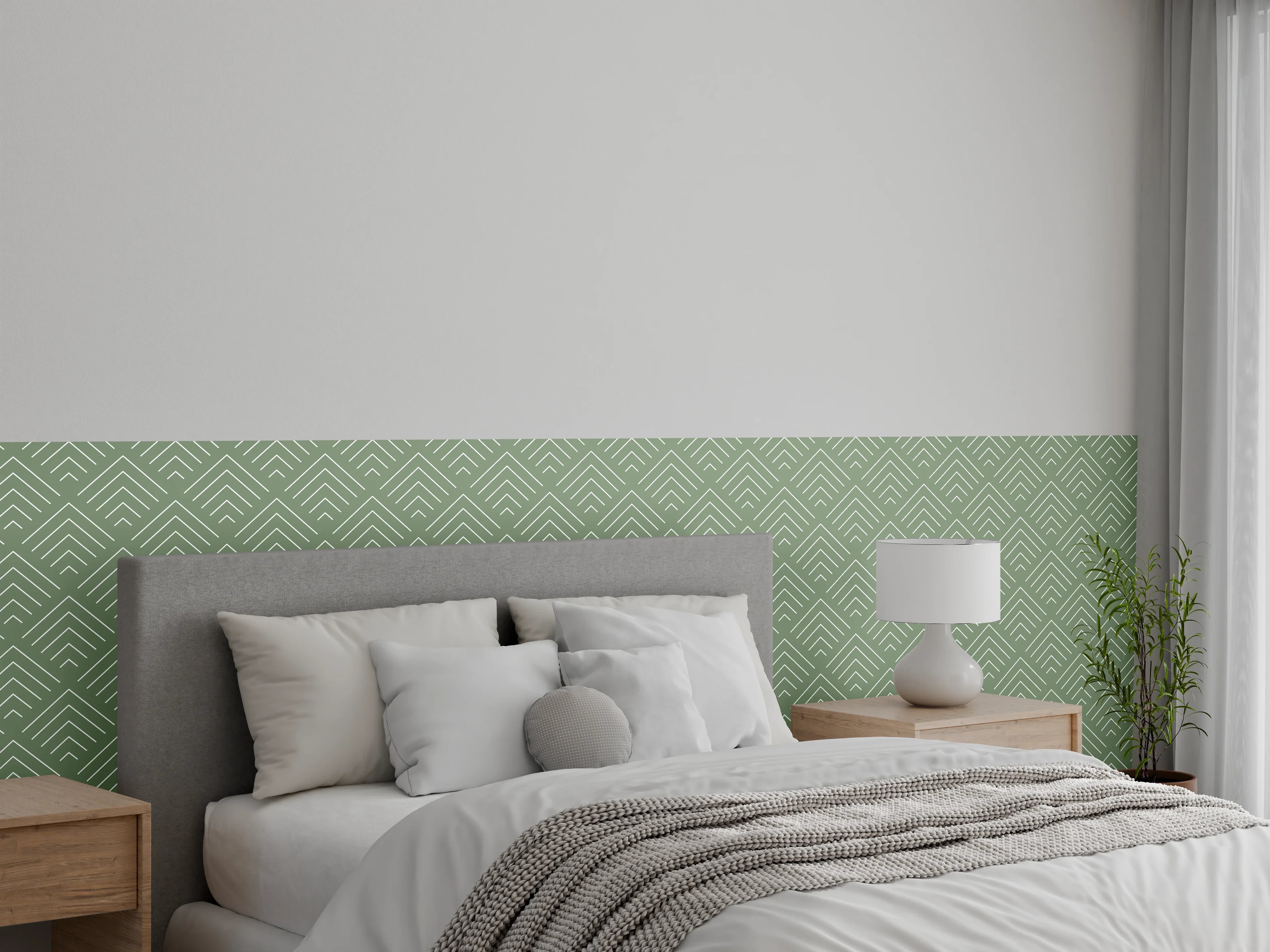 Wandverkleidung Schlafzimmer - Mintgraue Linien auf weißem Grund