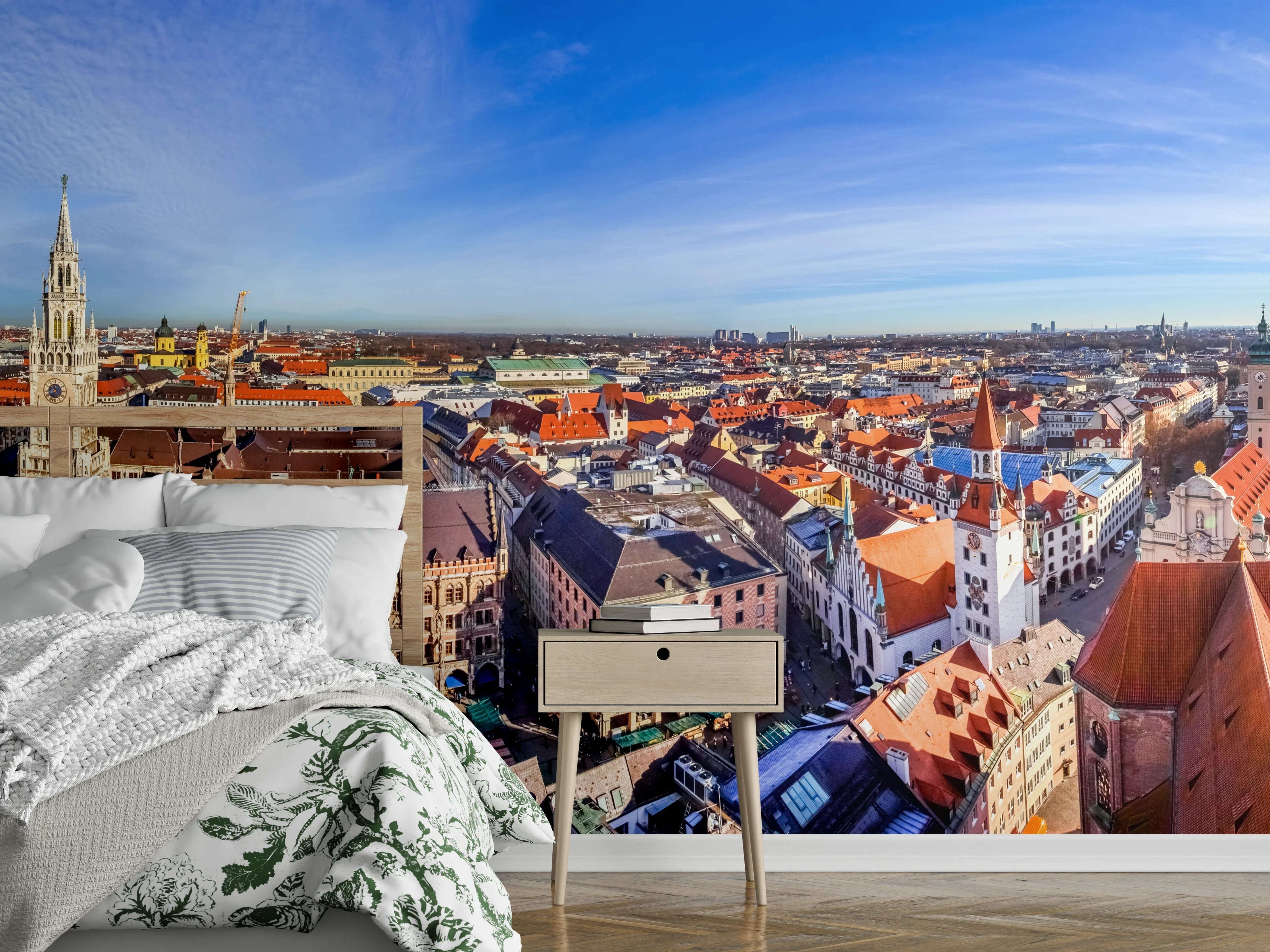 Wandverkleidung Schlafzimmer - Mittagsausblick über die Stadt München