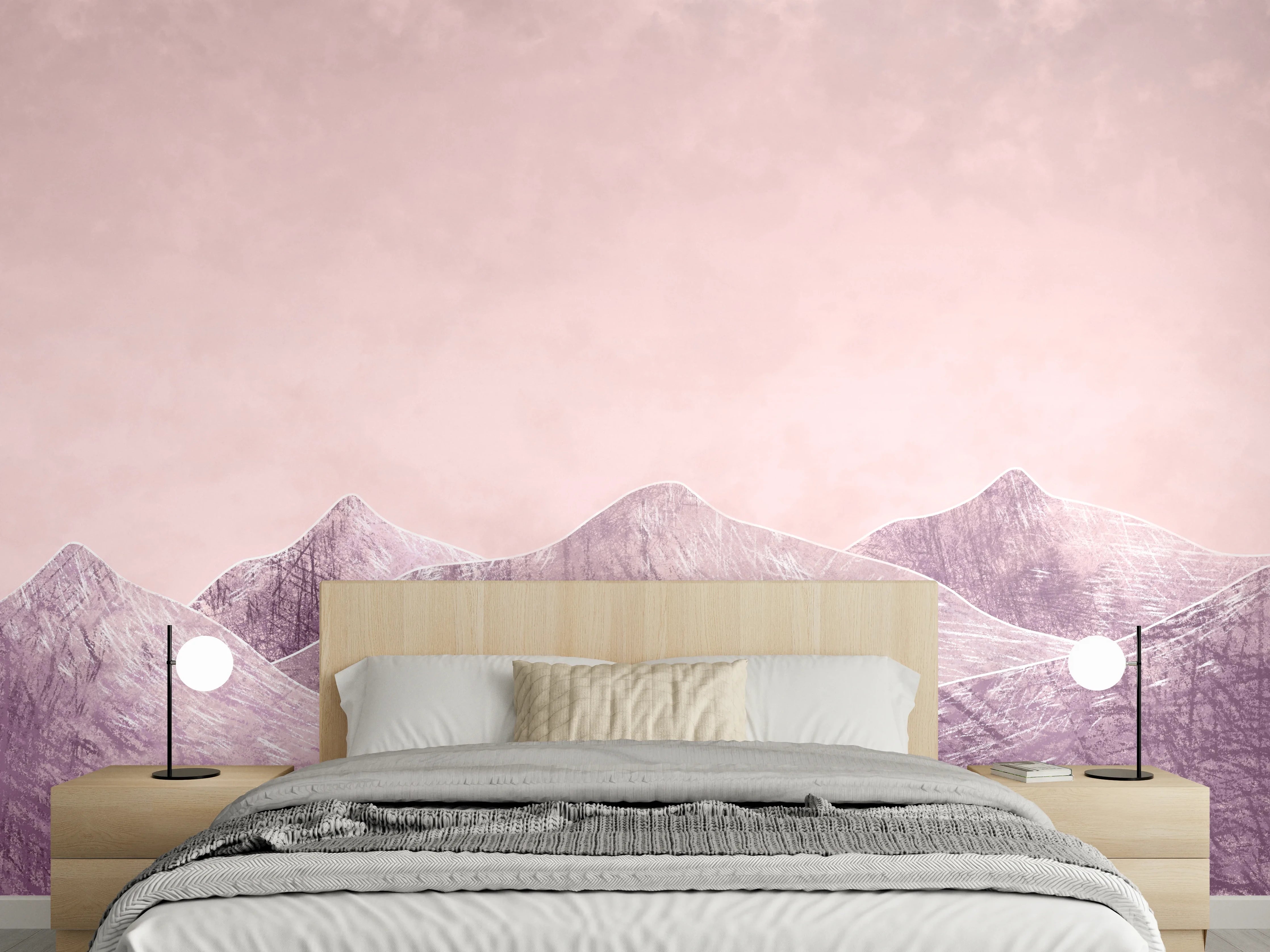 Wandverkleidung Schlafzimmer - Moderne Berge Illustration in Pastellrosa