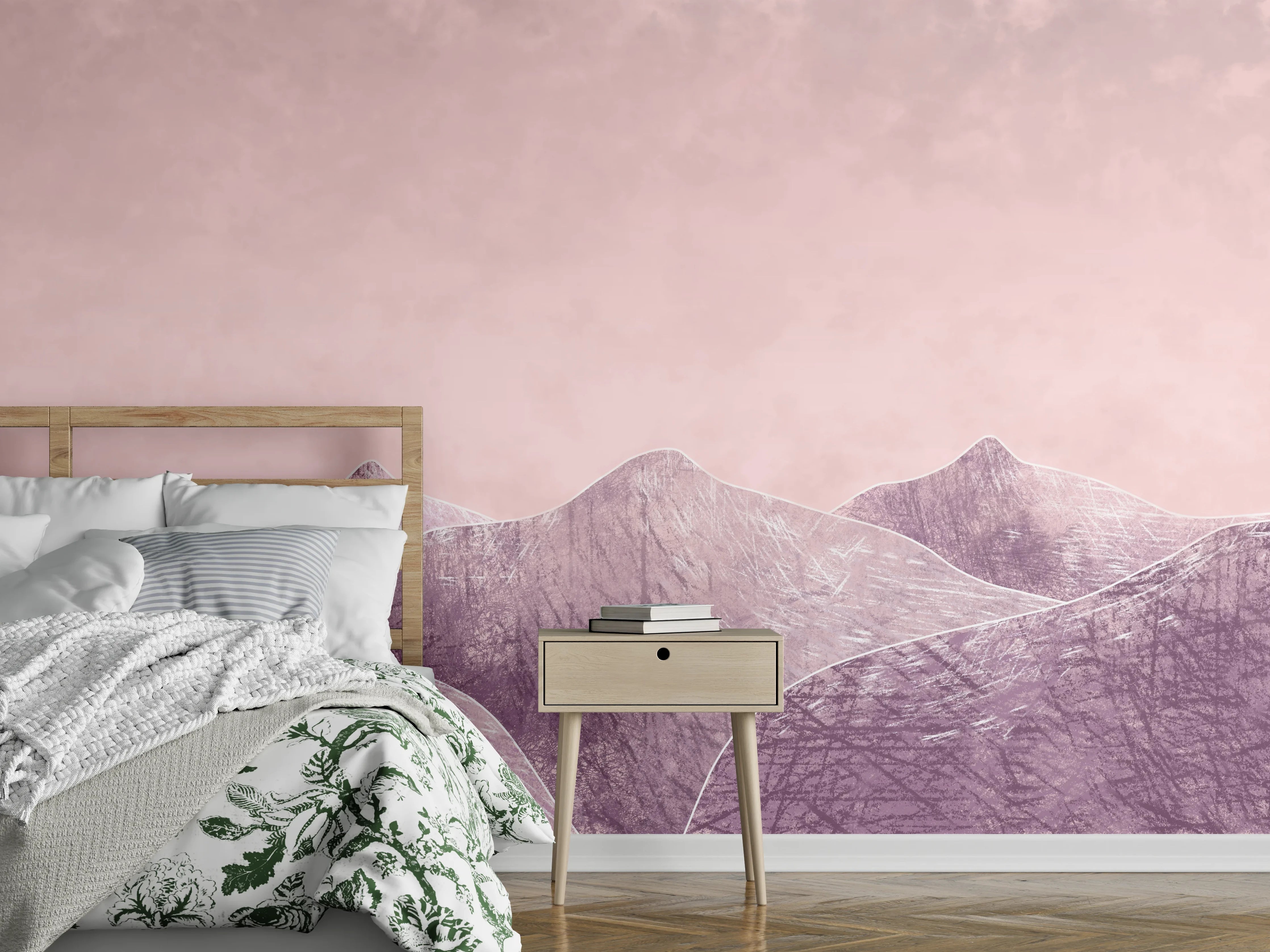 Wandverkleidung Schlafzimmer - Moderne Berge Illustration in Pastellrosa