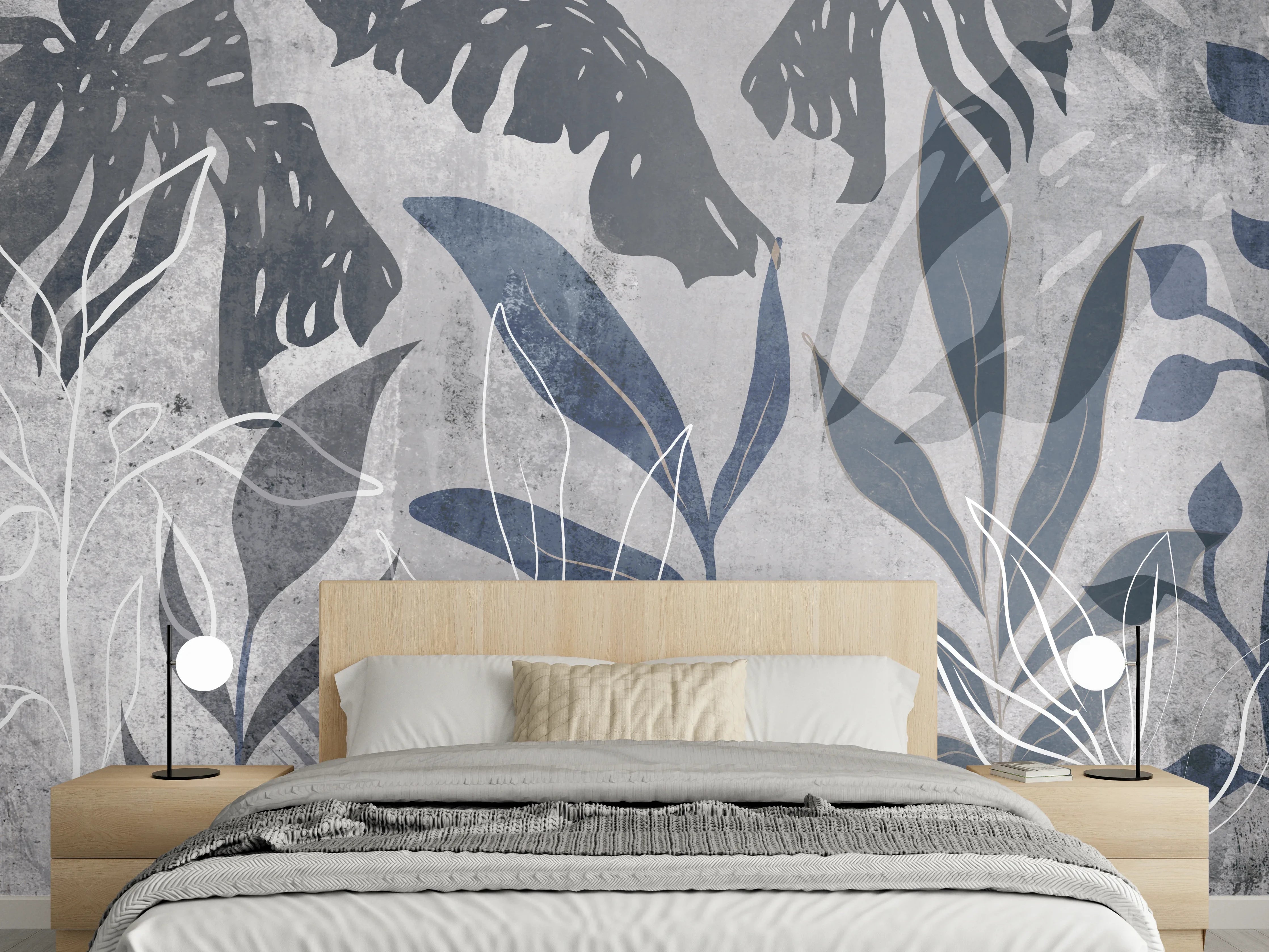 Wandverkleidung Schlafzimmer - Moderne Botanik Grau-Weiß