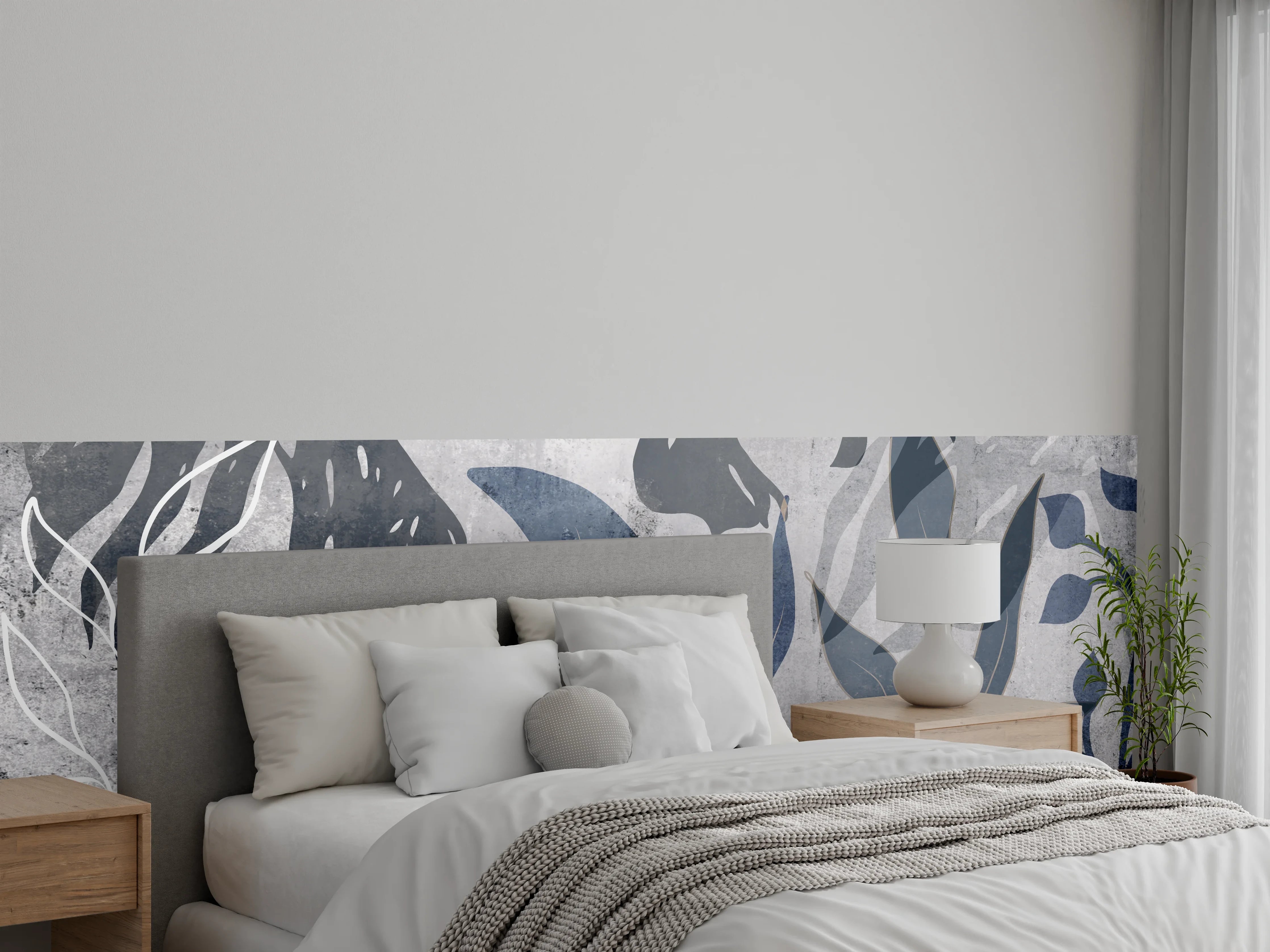 Wandverkleidung Schlafzimmer - Moderne Botanik Grau-Weiß