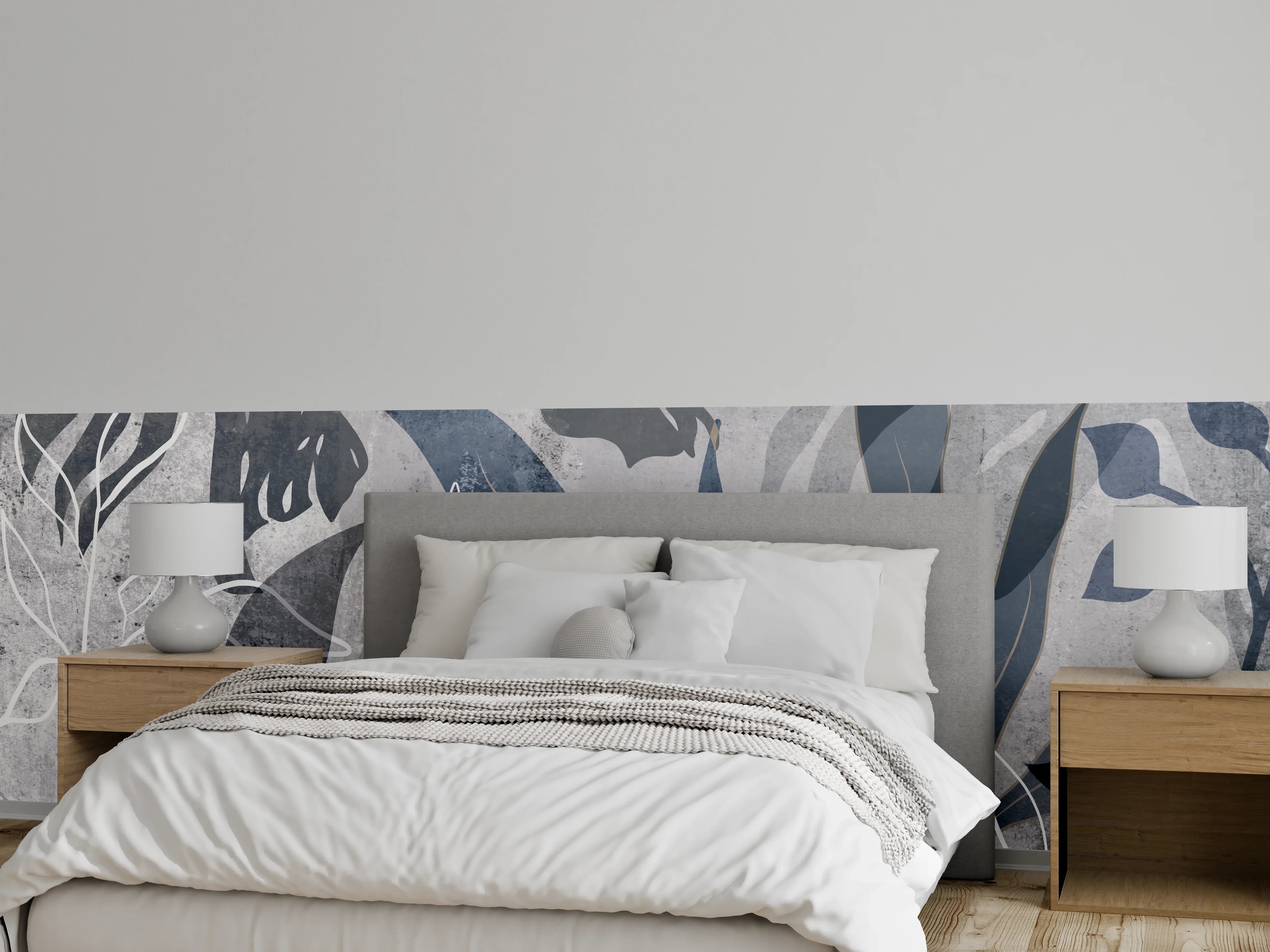 Wandverkleidung Schlafzimmer - Moderne Botanik Grau-Weiß