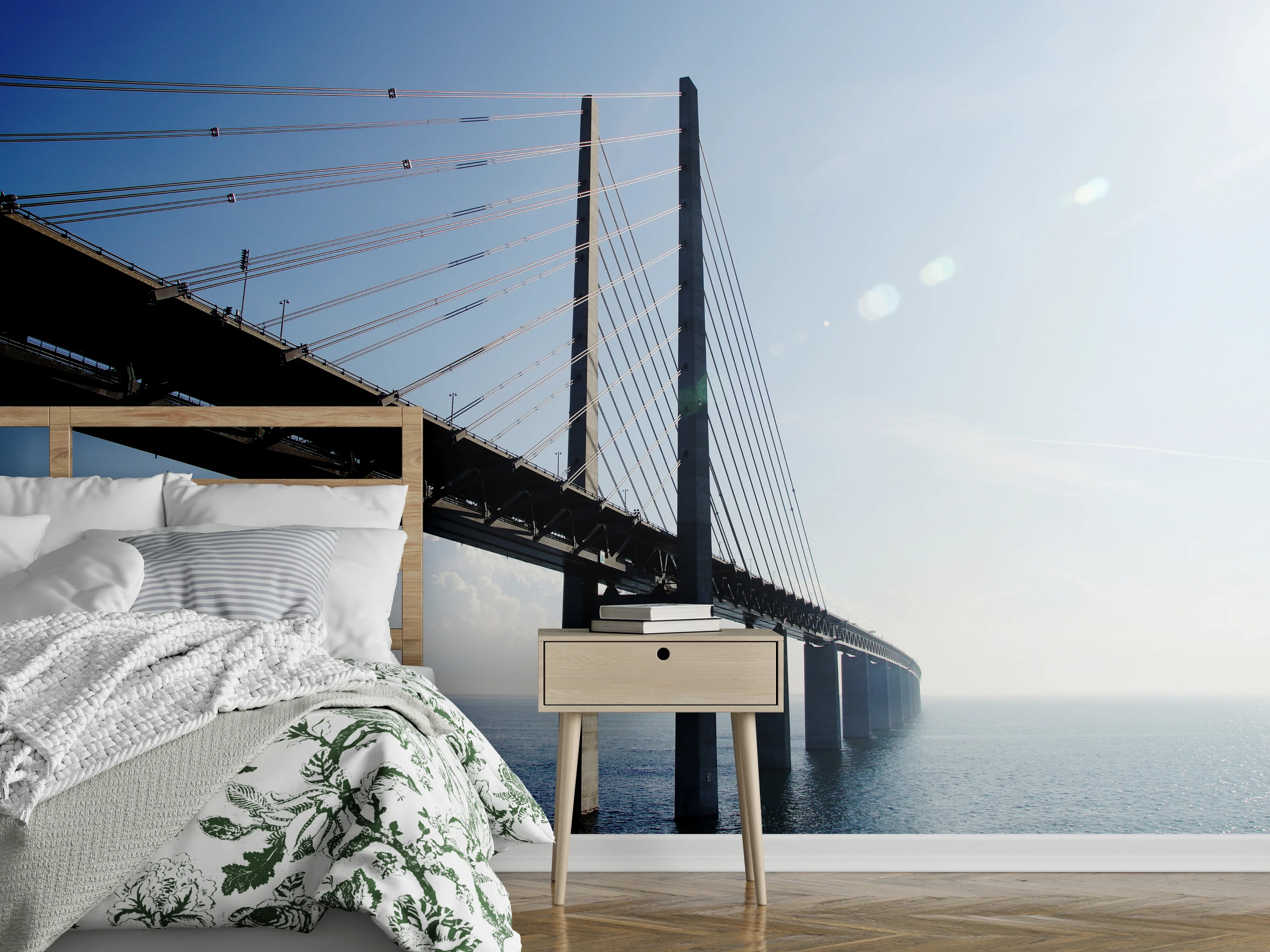 Wandverkleidung Schlafzimmer - Moderne Brücke über ruhiges Wasser