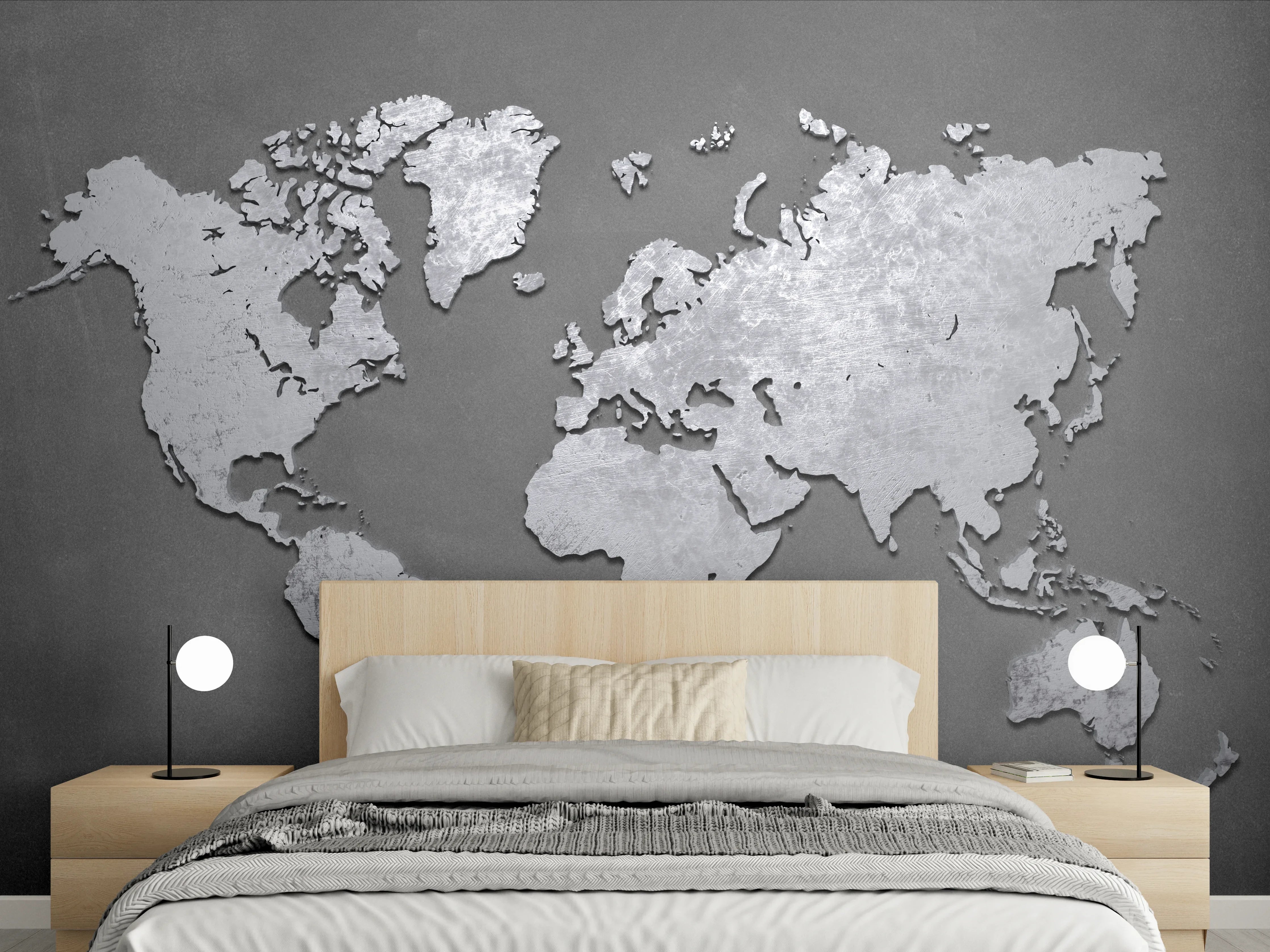 Wandverkleidung Schlafzimmer - Moderne Weltkarte aus Metall auf grauem Hintergrund