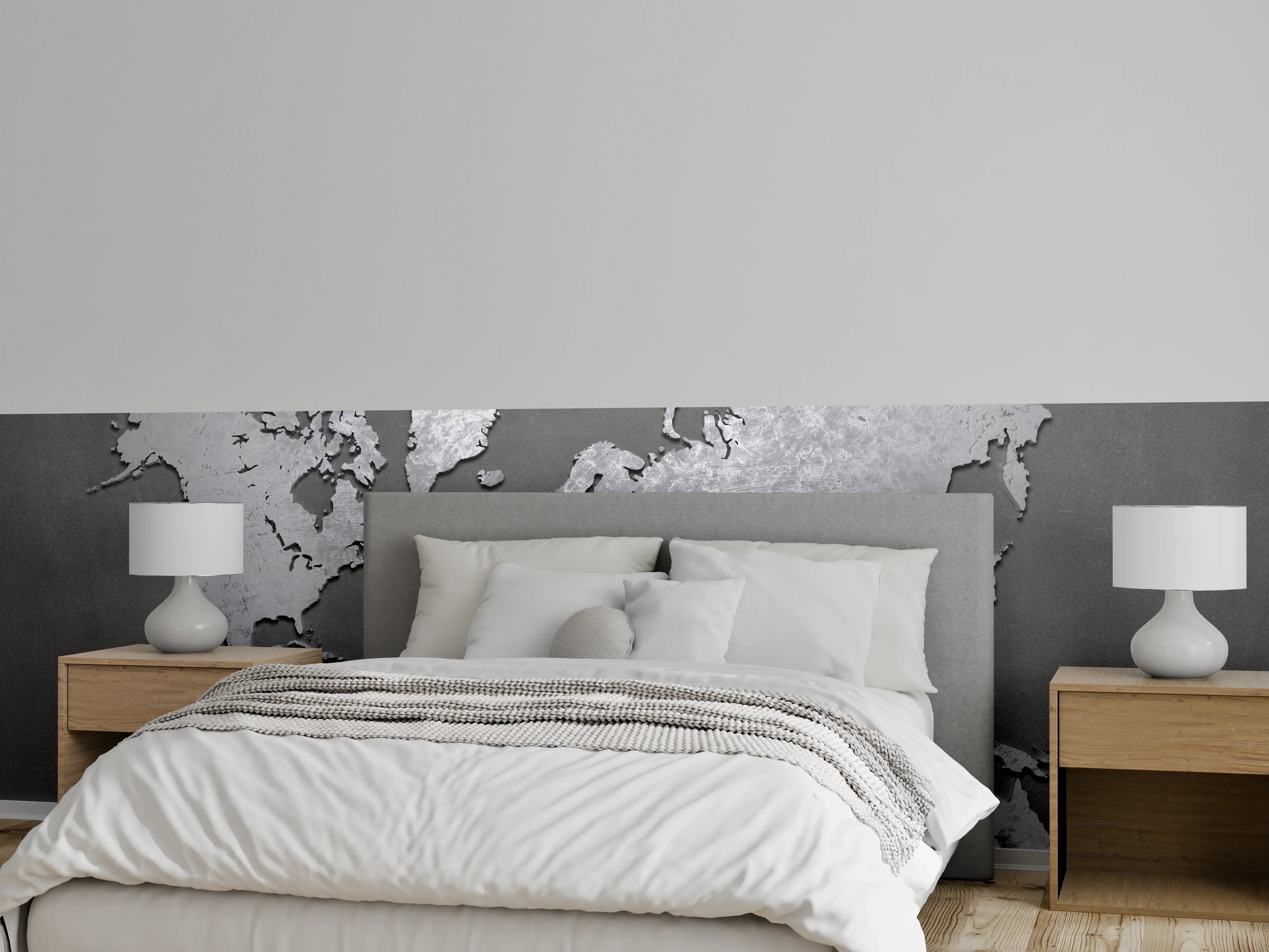 Wandverkleidung Schlafzimmer - Moderne Weltkarte aus Metall auf grauem Hintergrund