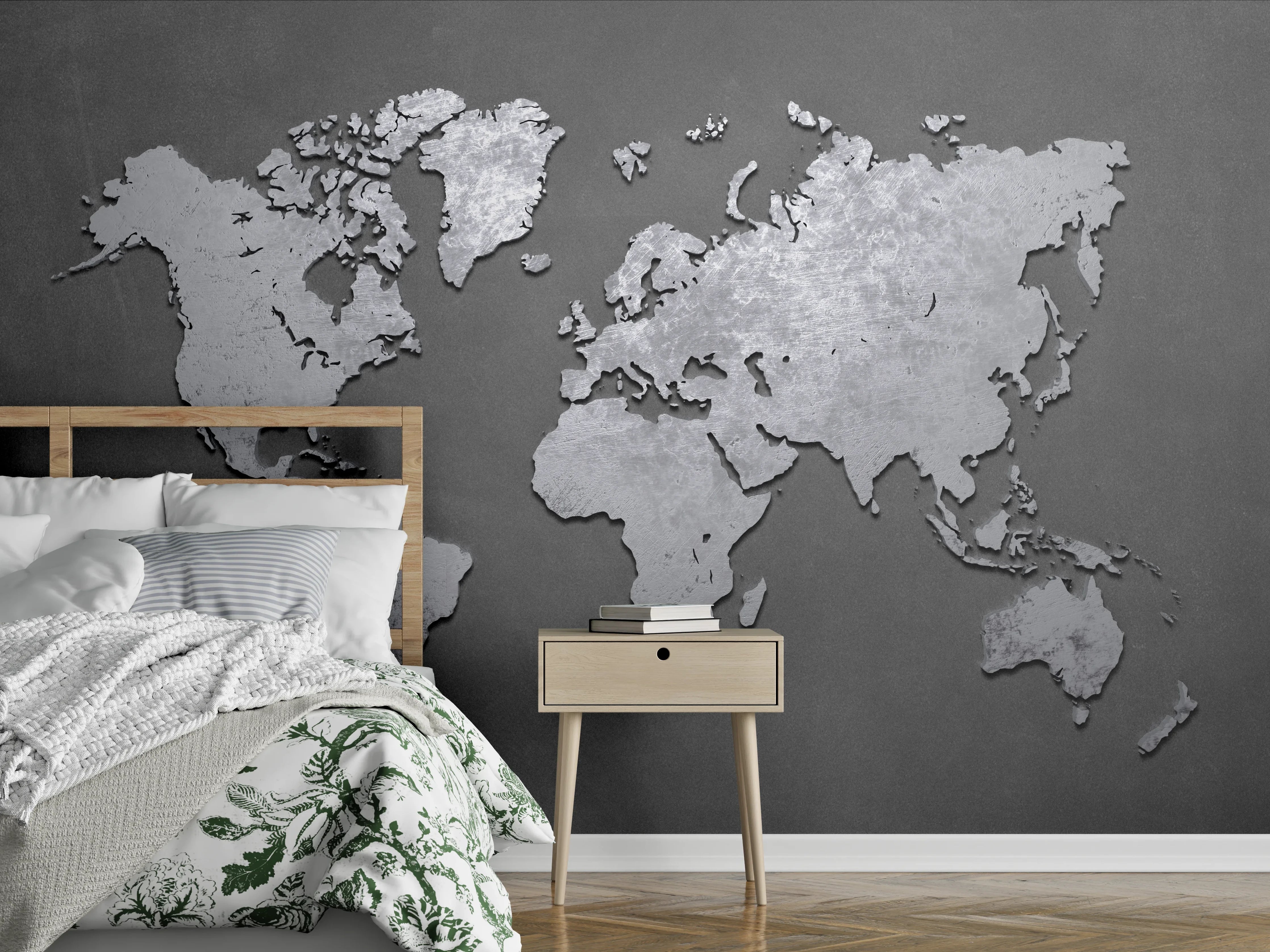 Wandverkleidung Schlafzimmer - Moderne Weltkarte aus Metall auf grauem Hintergrund