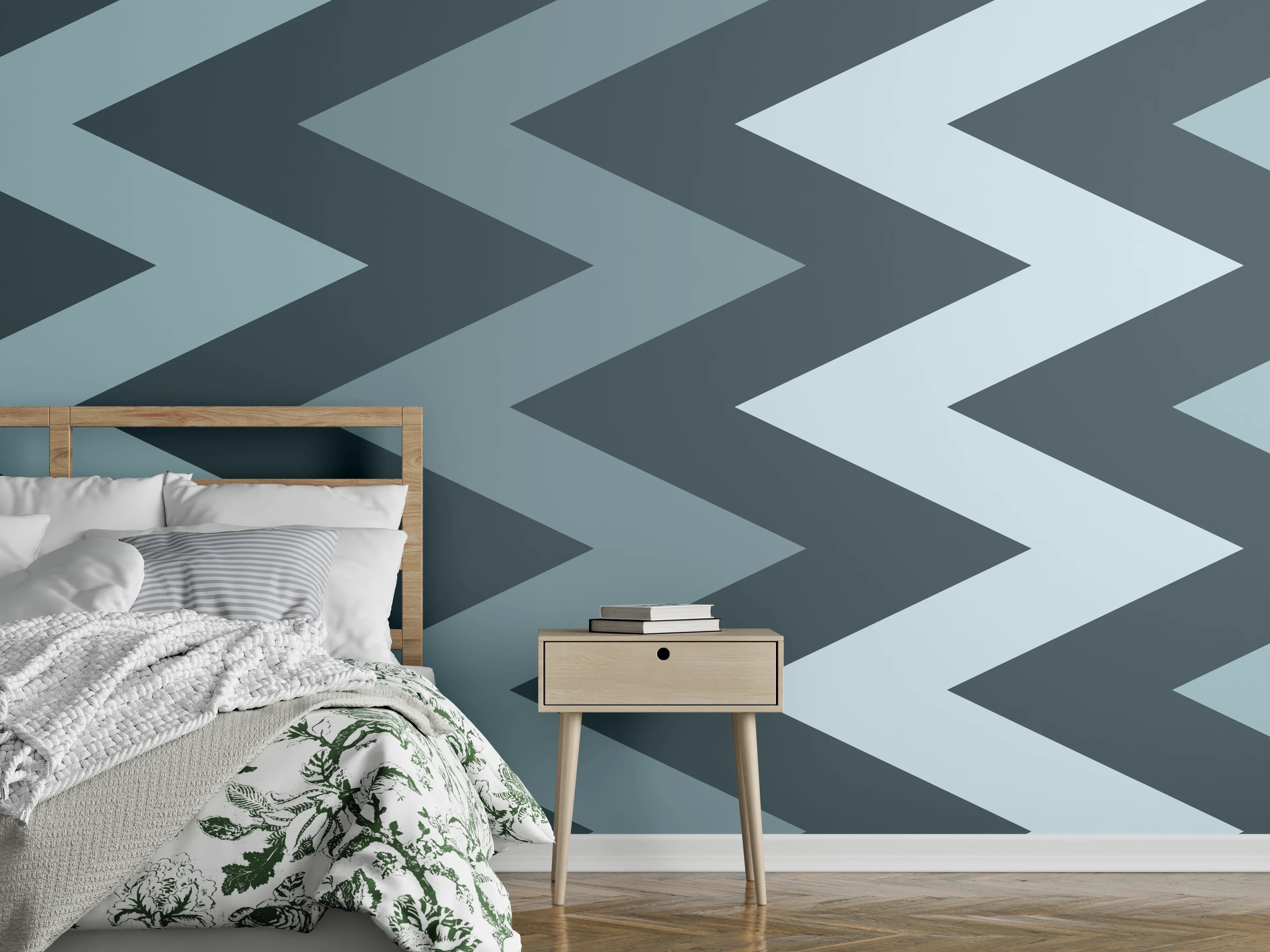 Wandverkleidung Schlafzimmer - Moderne geometrische Muster in Grau-Blau