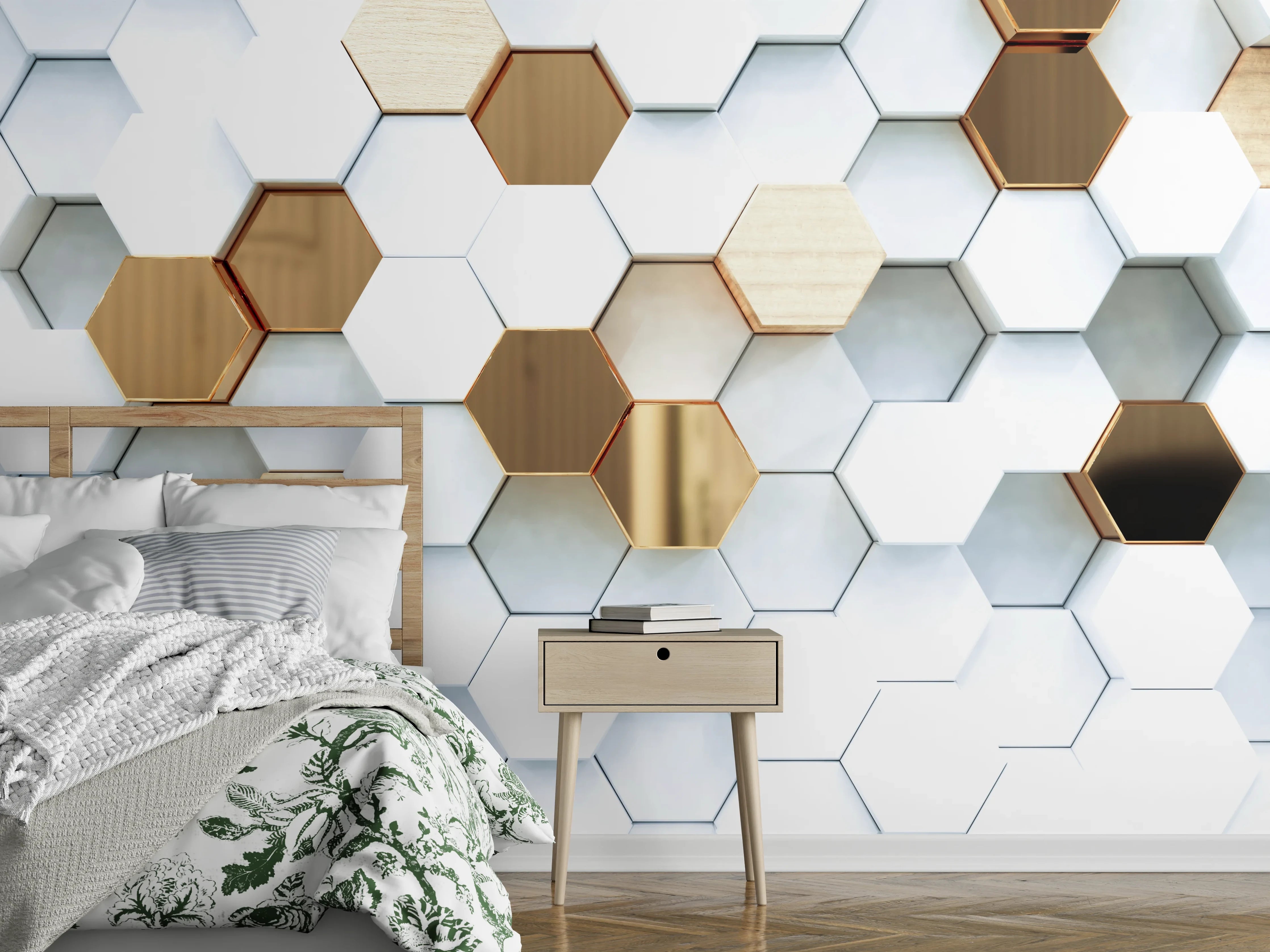 Wandverkleidung Schlafzimmer - Moderne, elegante Wandgestaltung mit Hexagon-Design