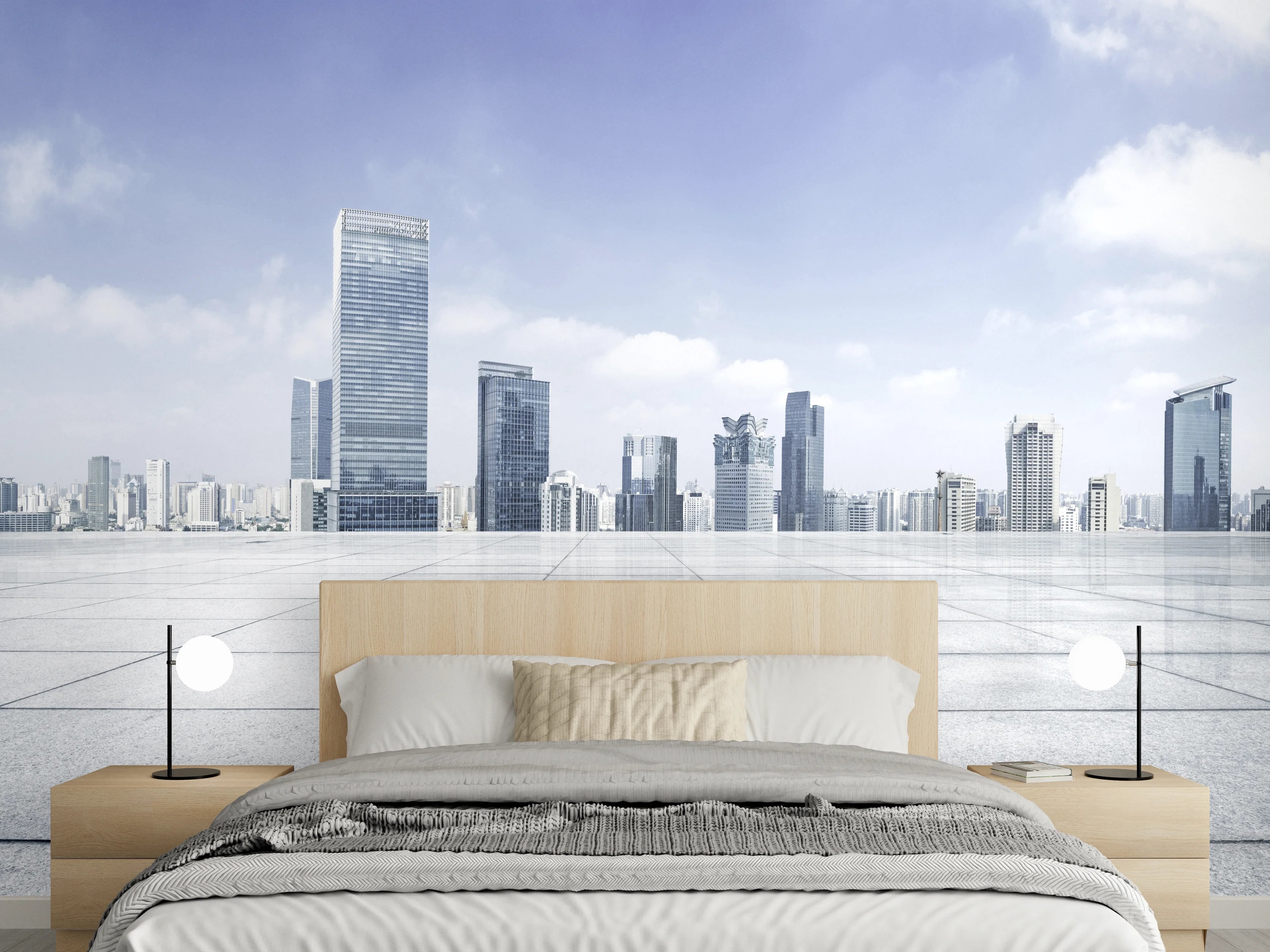 Wandverkleidung Schlafzimmer - Moderner Skyline und Gebäuden