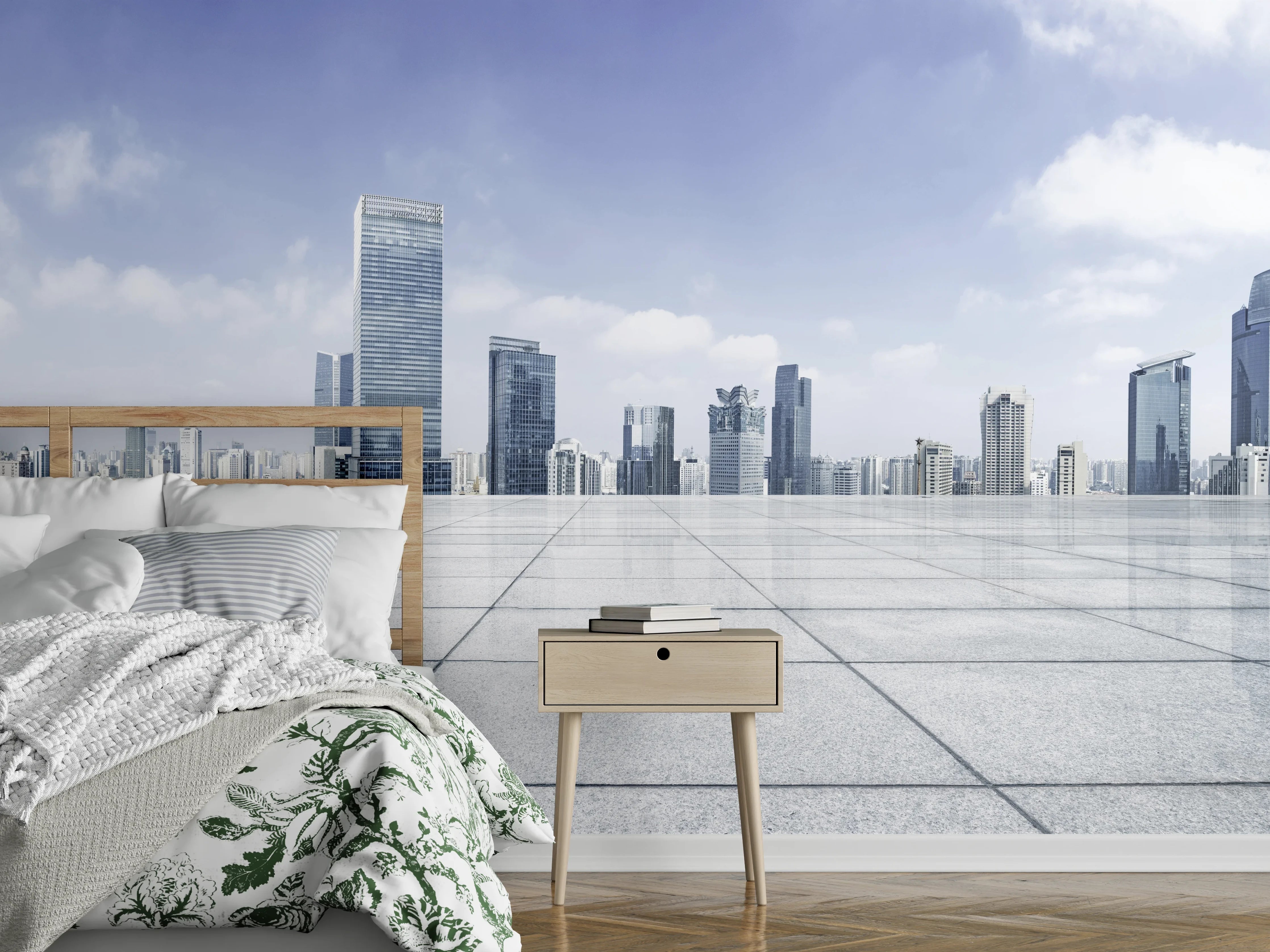 Wandverkleidung Schlafzimmer - Moderner Skyline und Gebäuden