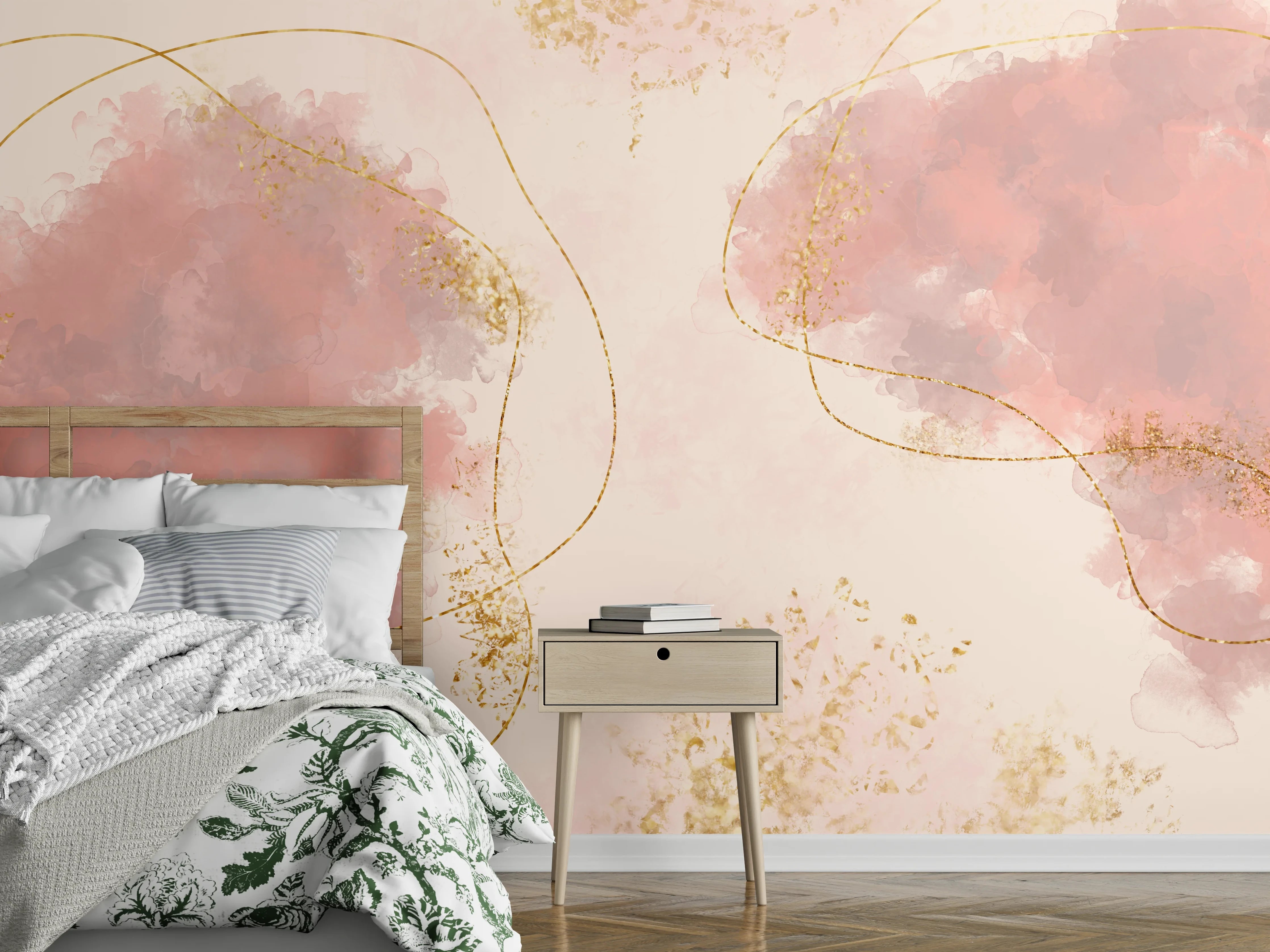 Wandverkleidung Schlafzimmer - Modernes Aquarell Rosa Gold Marmor