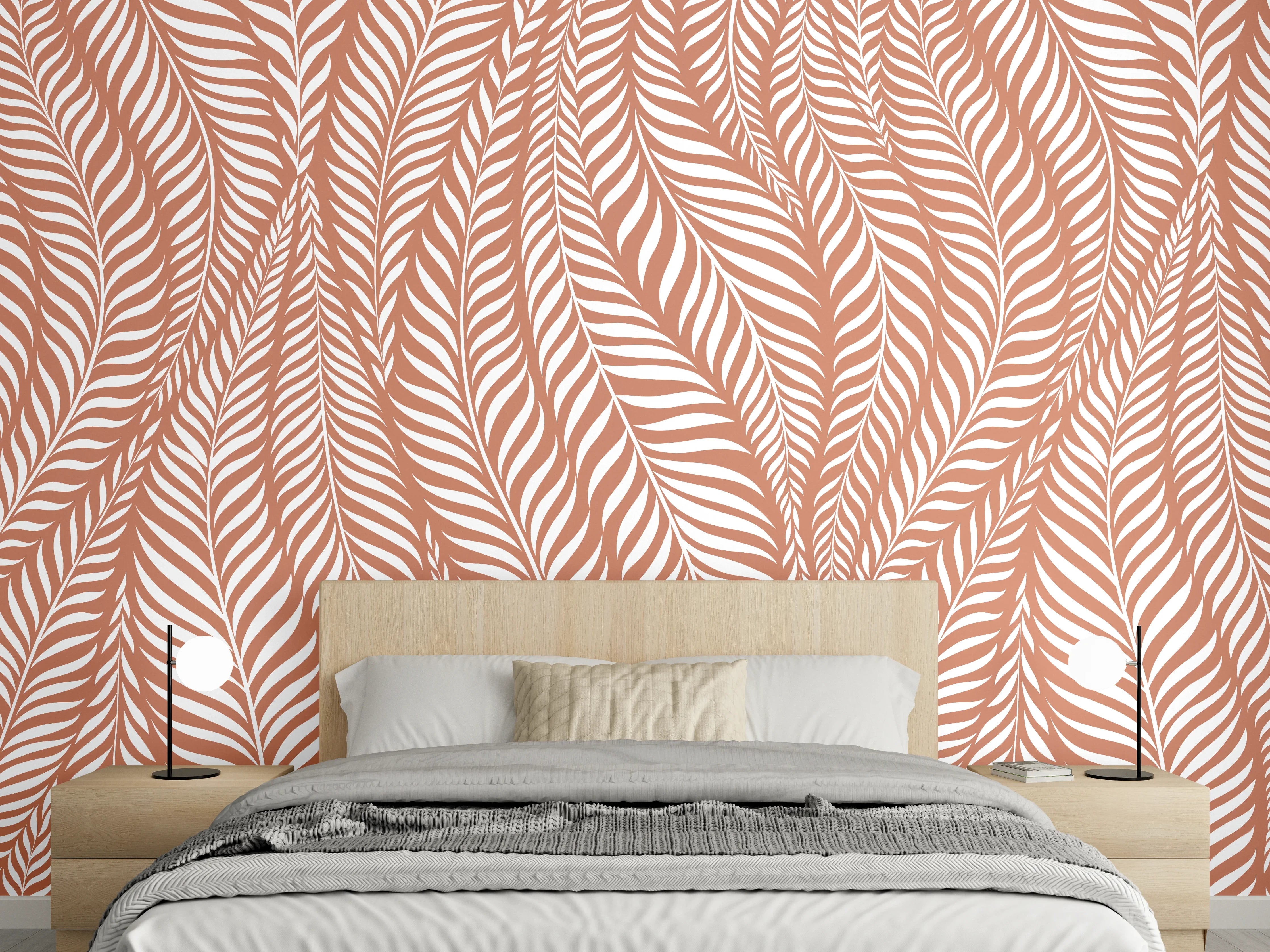 Wandverkleidung Schlafzimmer - Modernes Blätter-Muster in Braun-Weiß