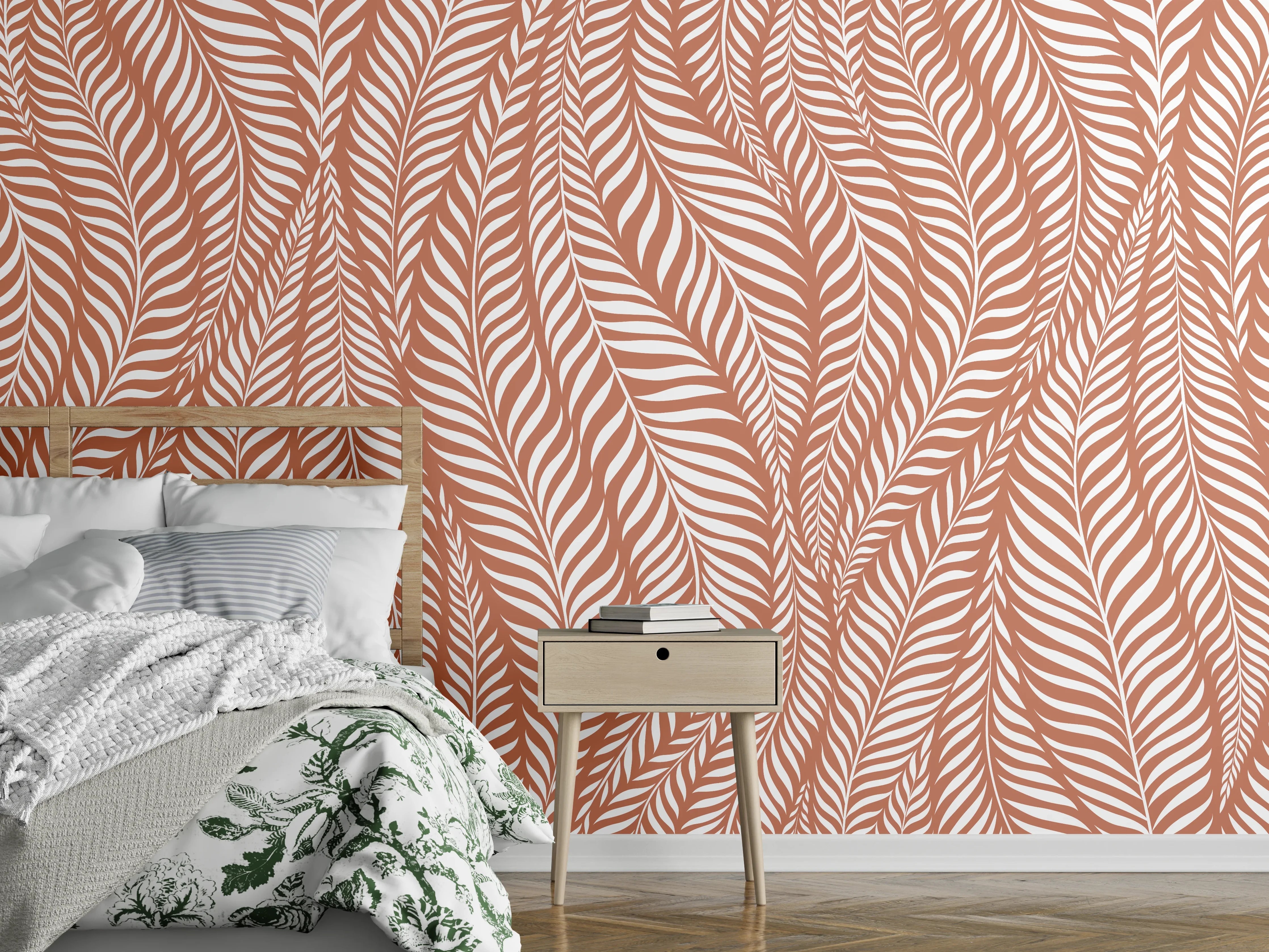 Wandverkleidung Schlafzimmer - Modernes Blätter-Muster in Braun-Weiß