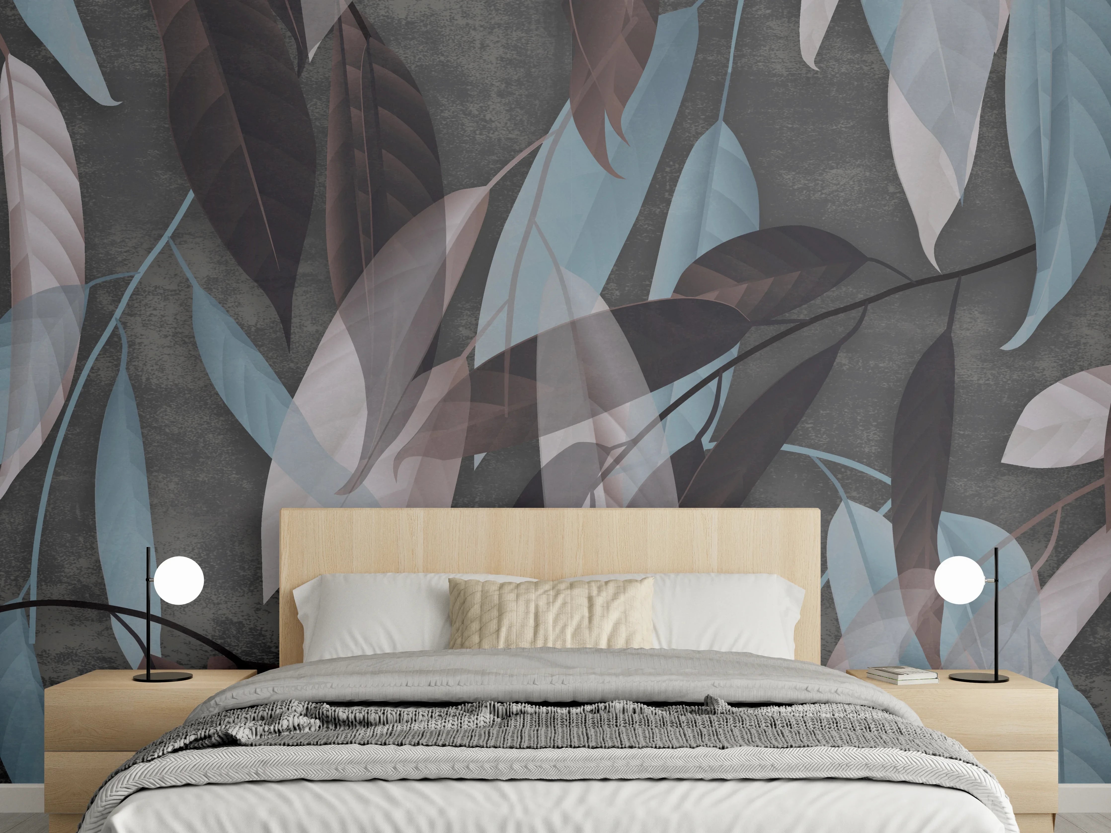 Wandverkleidung Schlafzimmer - Modernes Blätterdesign in Braun und Blau